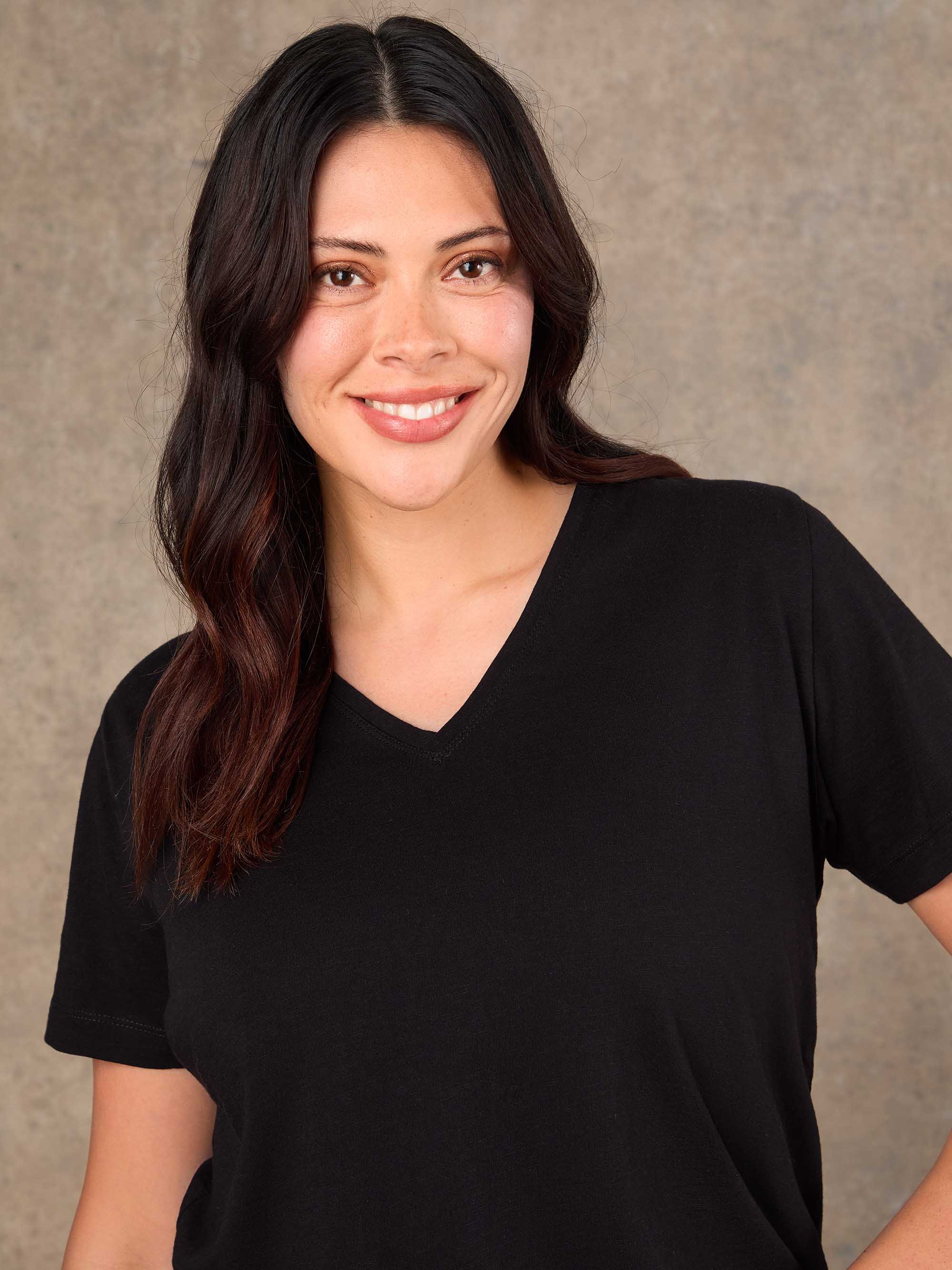 Black Cotton Slub Longline V Neck T-Shirt - Image 3