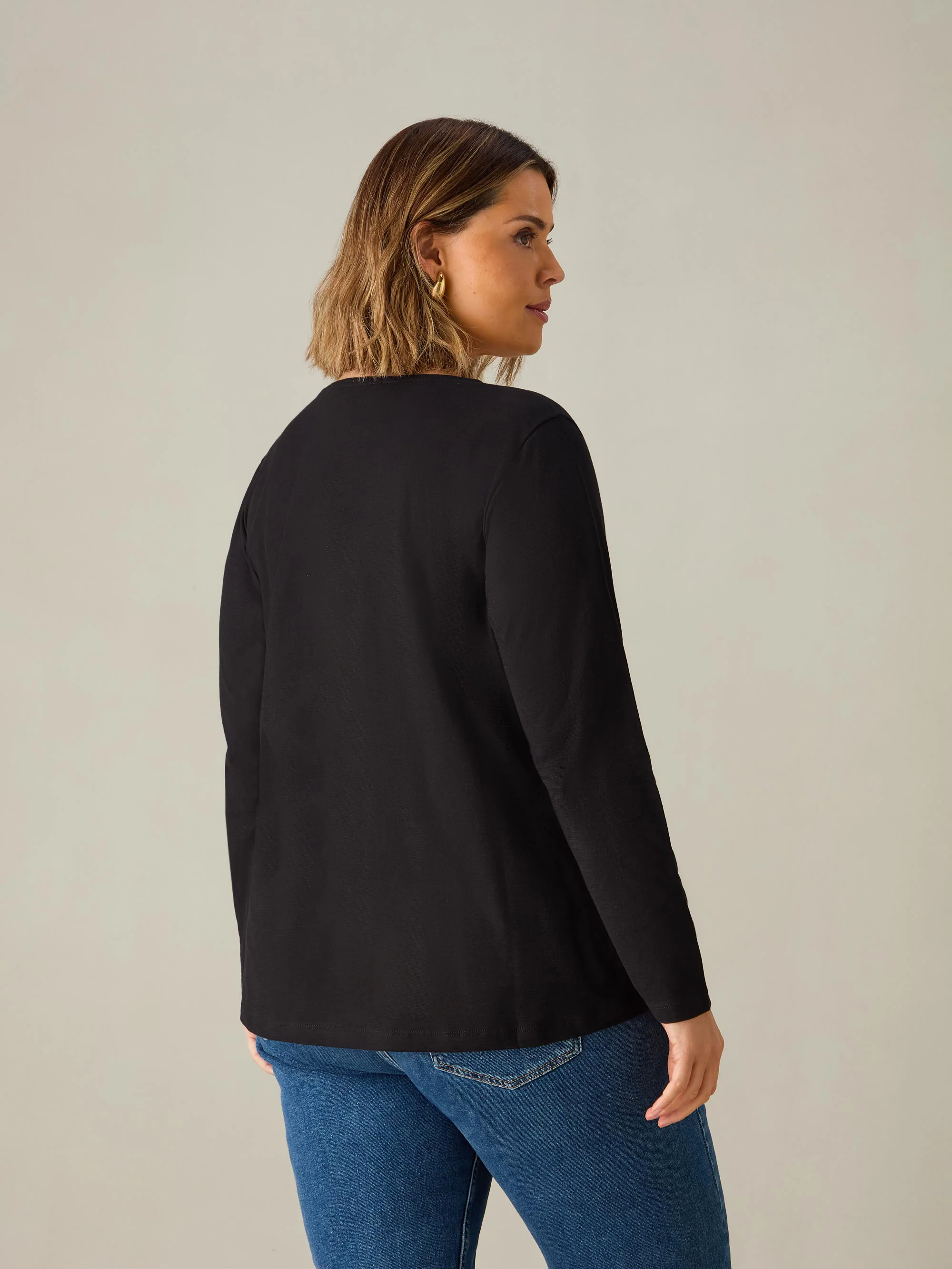 Black Cotton Slub V-Neck Long Sleeve T-Shirt - Image 3