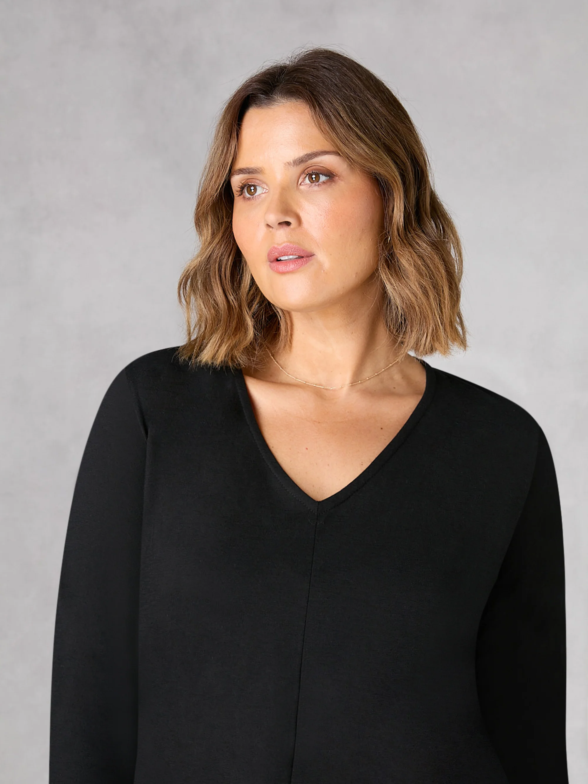 Black Cotton Slub V-Neck Long Sleeve T-Shirt - Image 2