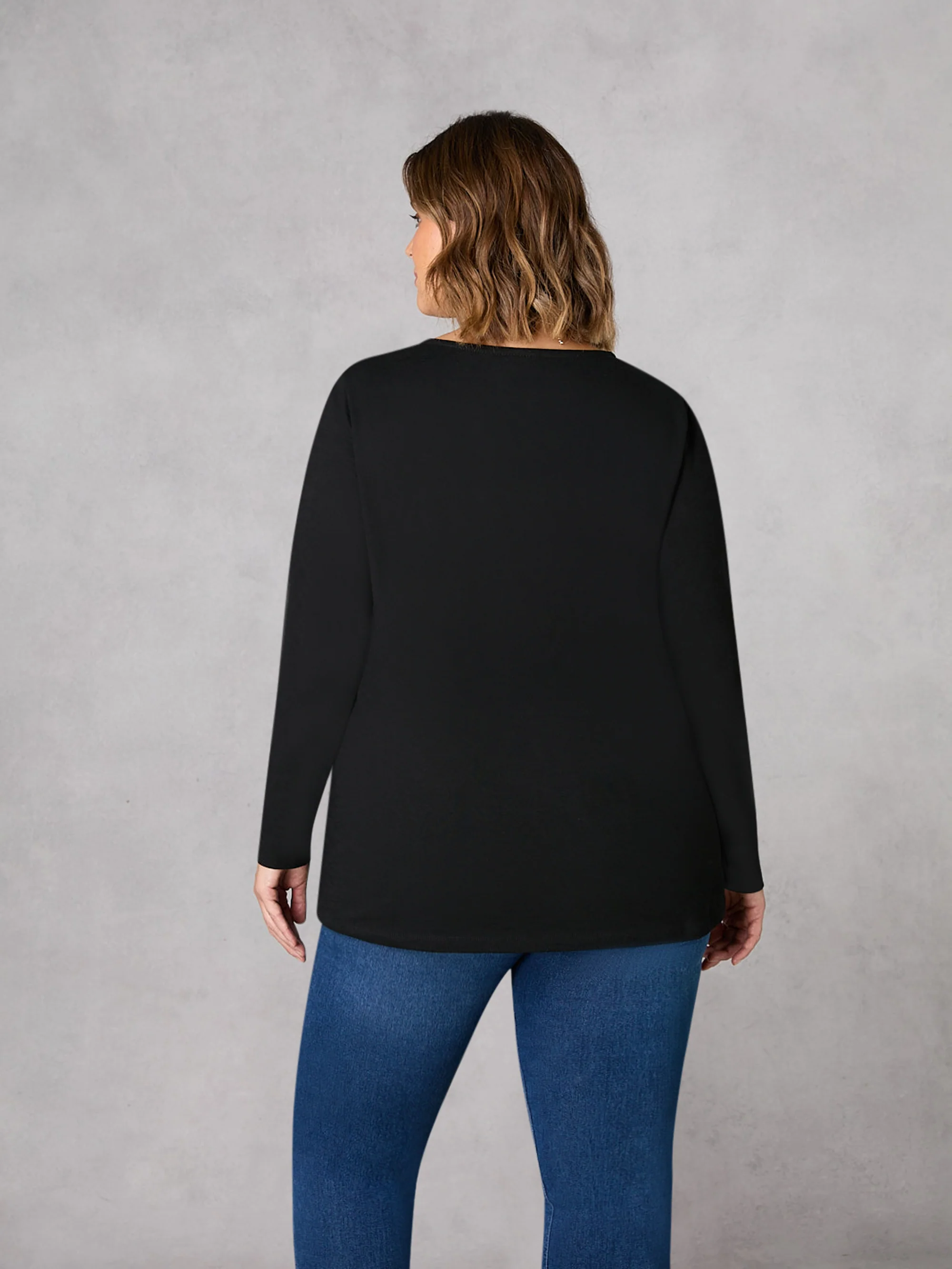 Black Cotton Slub V-Neck Long Sleeve T-Shirt - Image 3