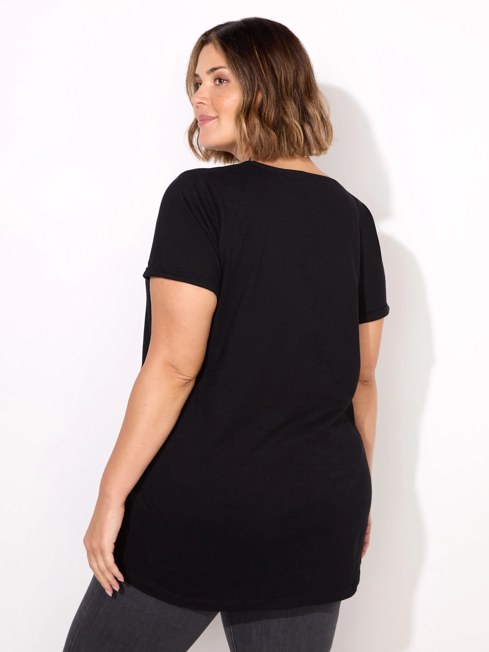 Black Cotton Slub V-Neck Longline T-Shirt - Image 3