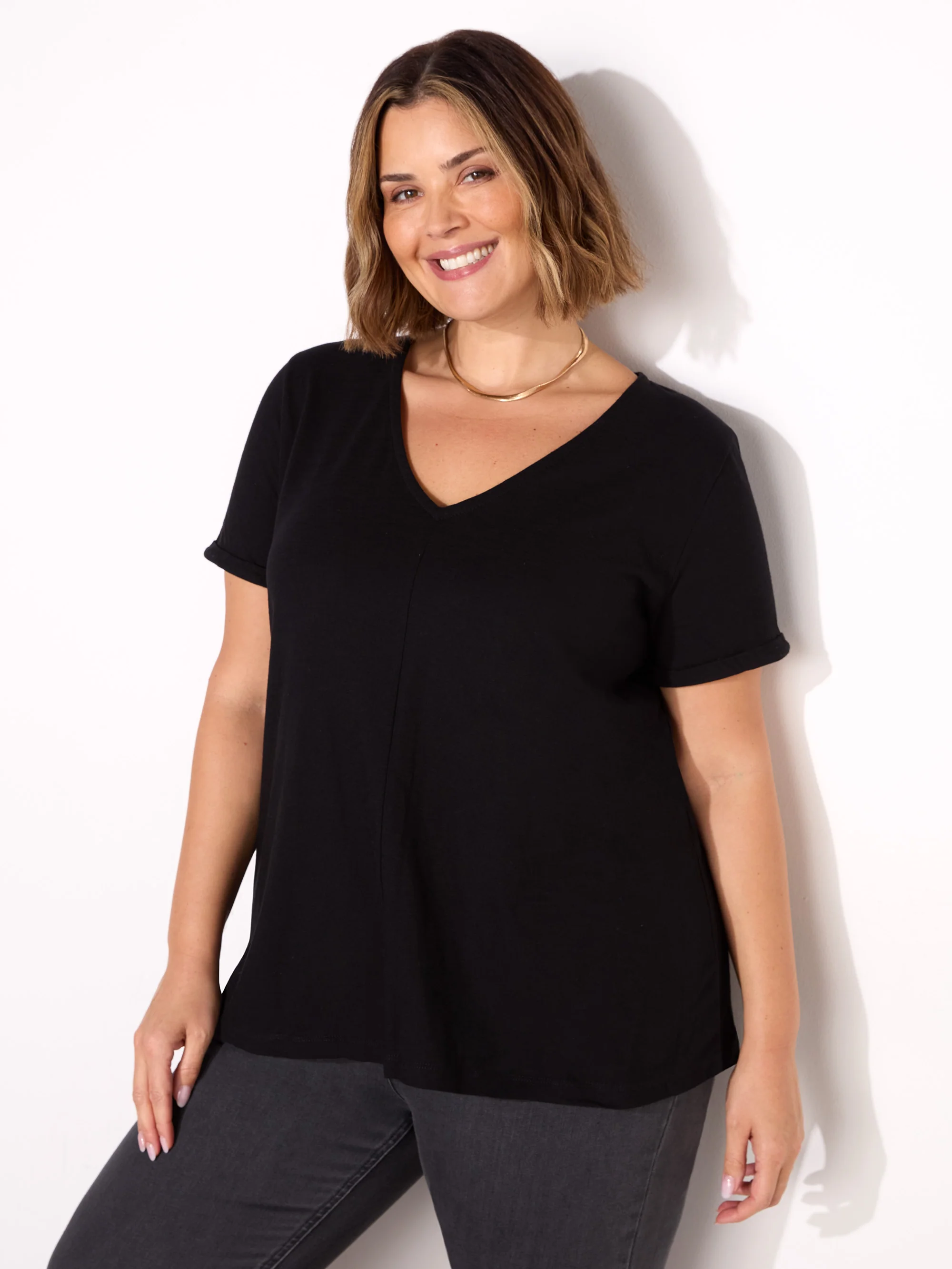 Black Cotton Slub V-Neck T-Shirt - Image 3