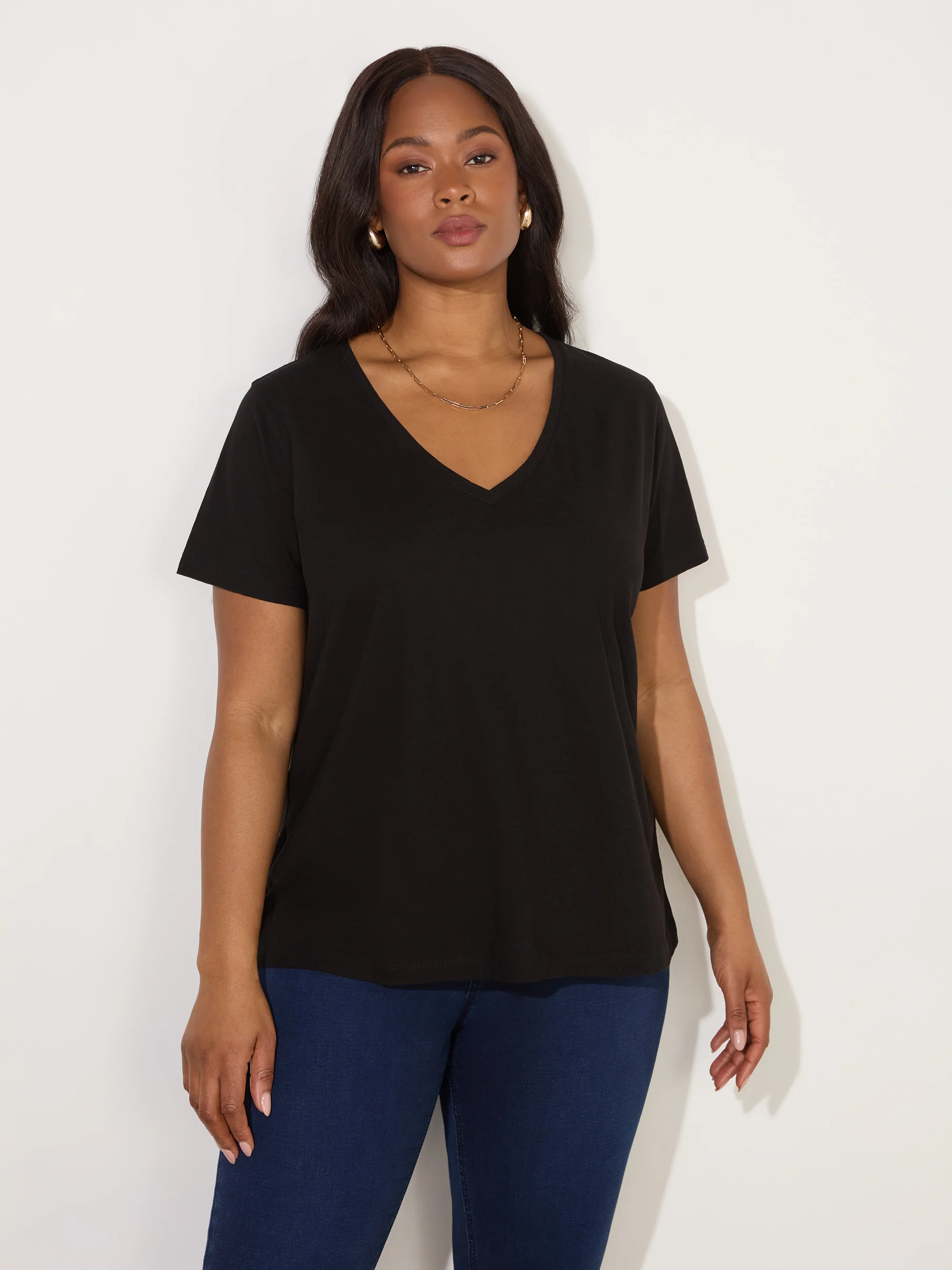 Black Cotton Slub V-Neck T-Shirt - Image 2