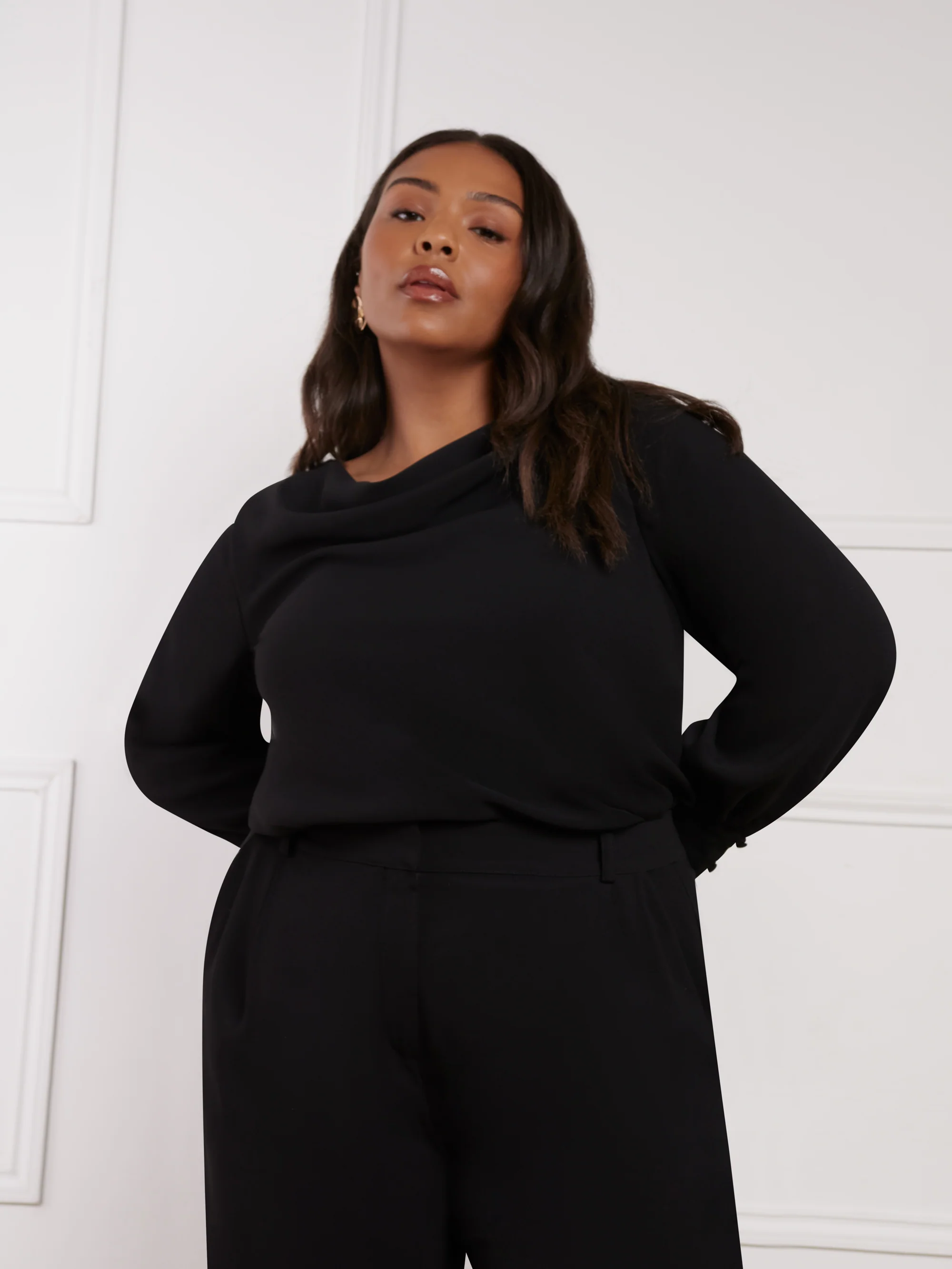 Black Cowl Neck Long Sleeve Blouse - Image 2