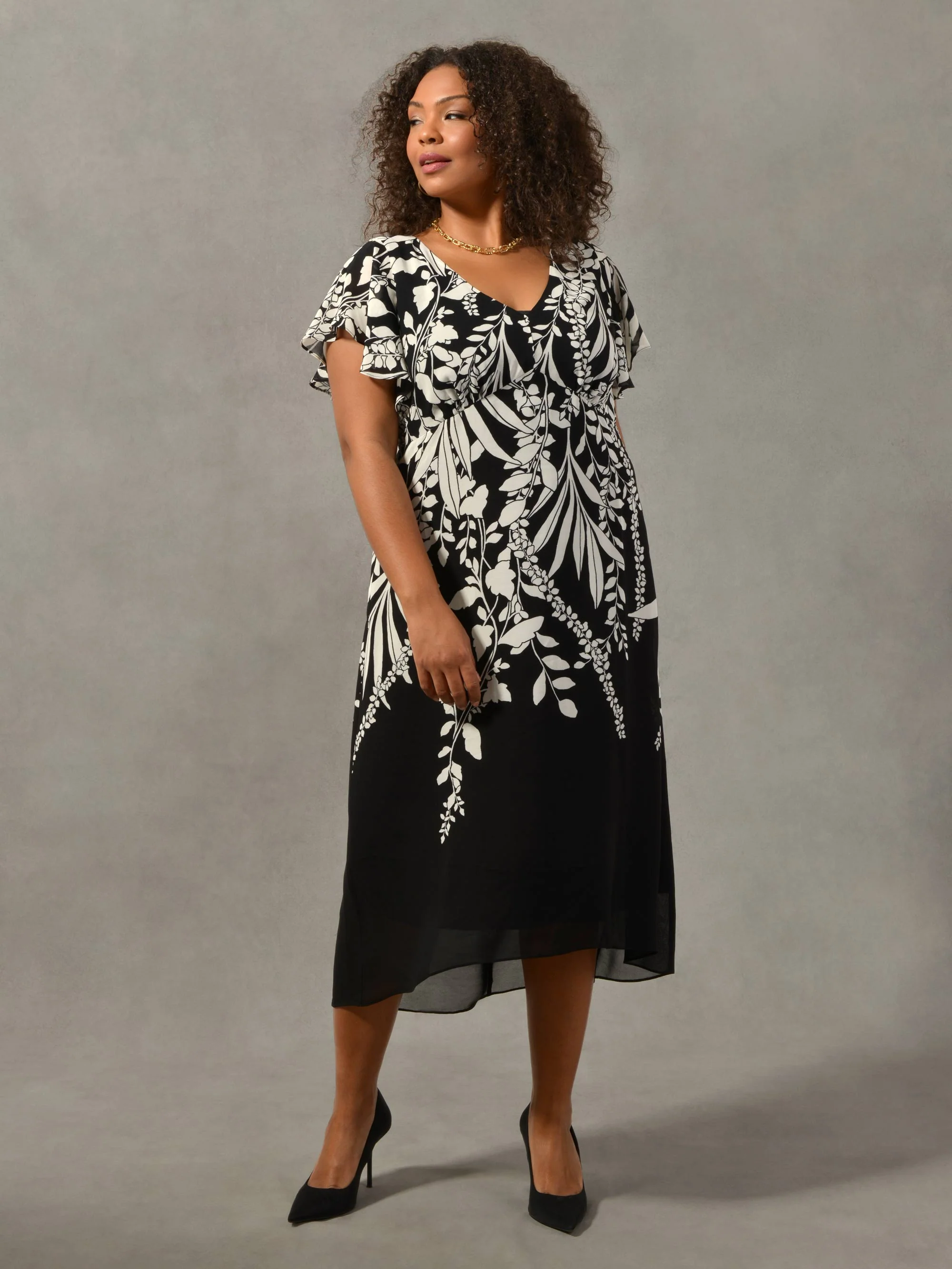 Black & Cream Floral Placement Angel Sleeve Dress - Image 2