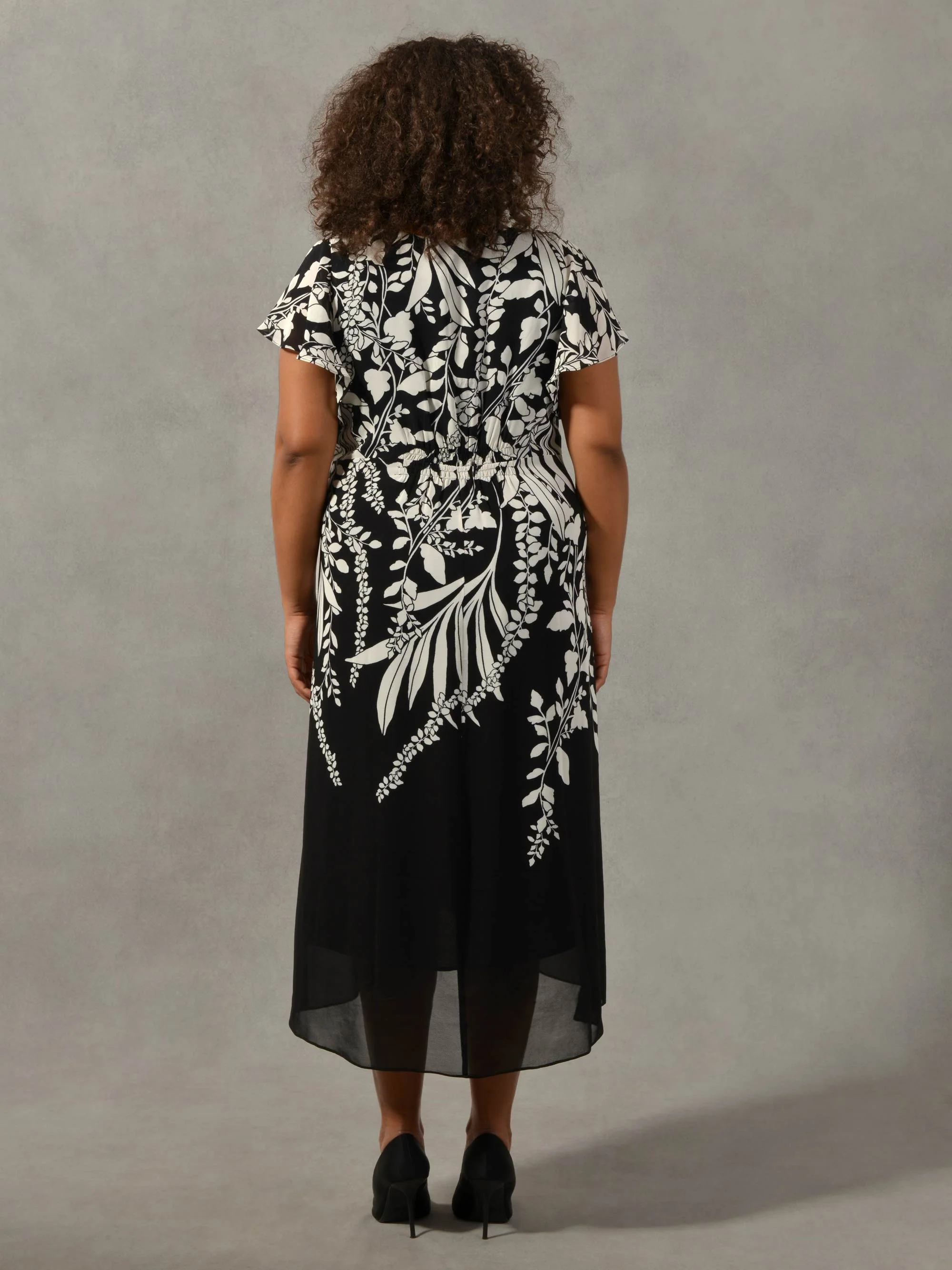 Black & Cream Floral Placement Angel Sleeve Dress - Image 3