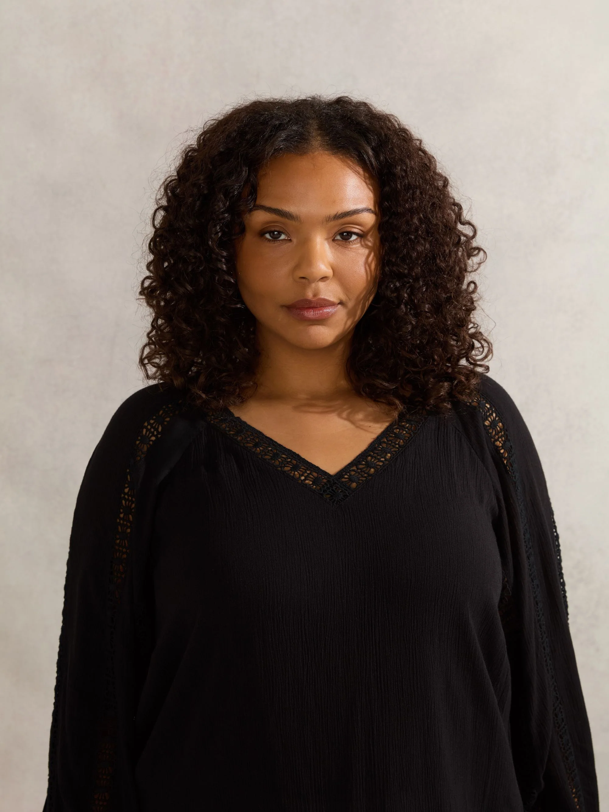 Black Crinkle Crochet Insert Blouse - Image 2