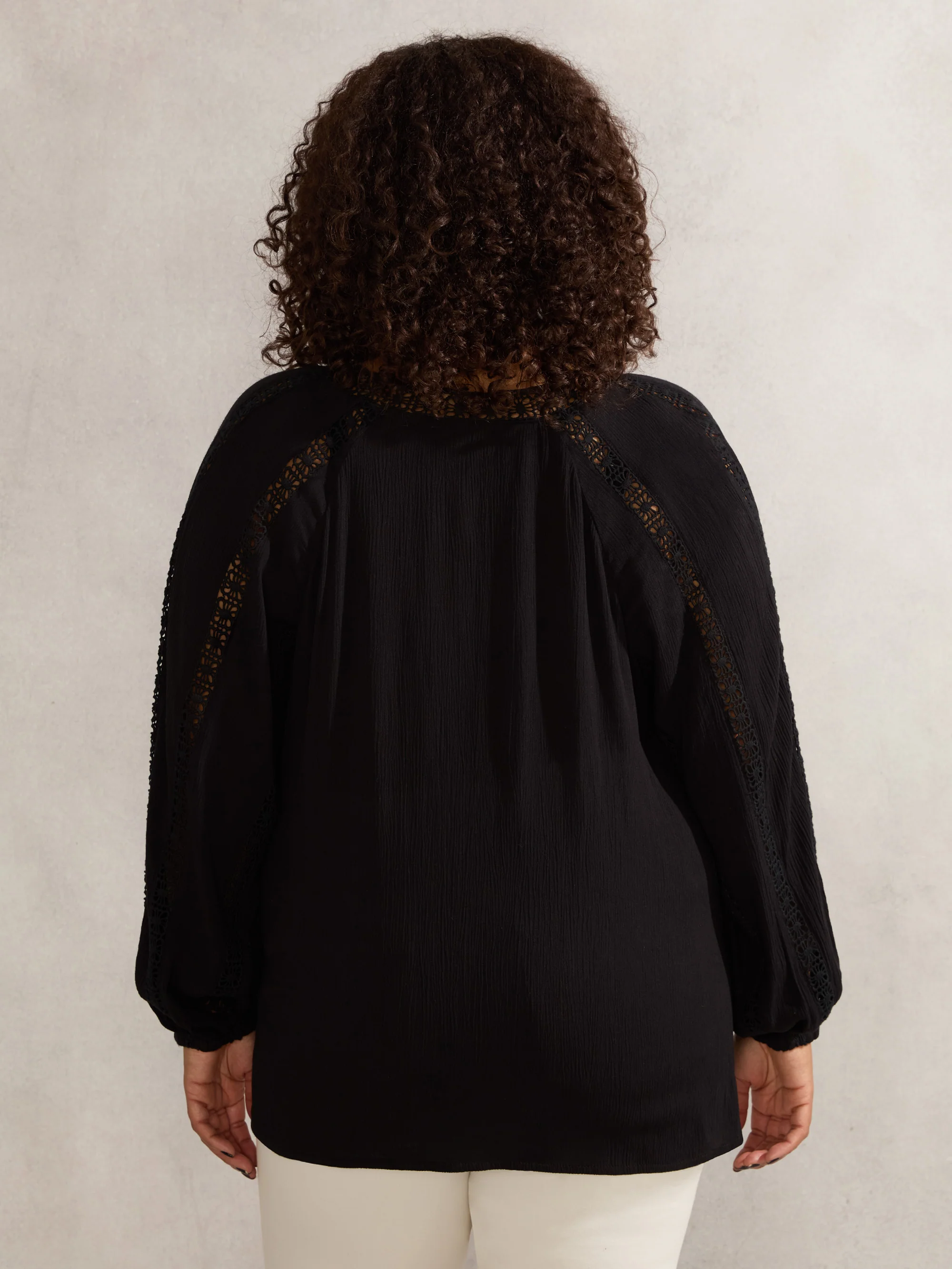 Black Crinkle Crochet Insert Blouse - Image 3