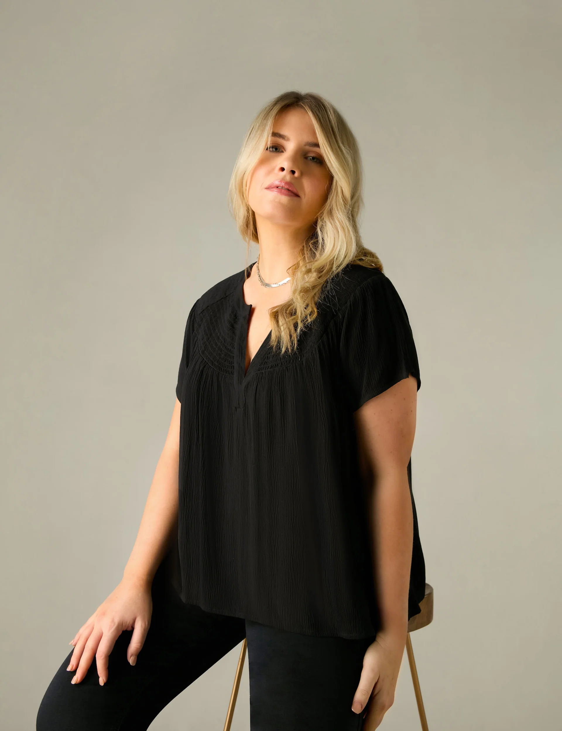 Black Crinkle Shirred Shoulder Top - Image 2