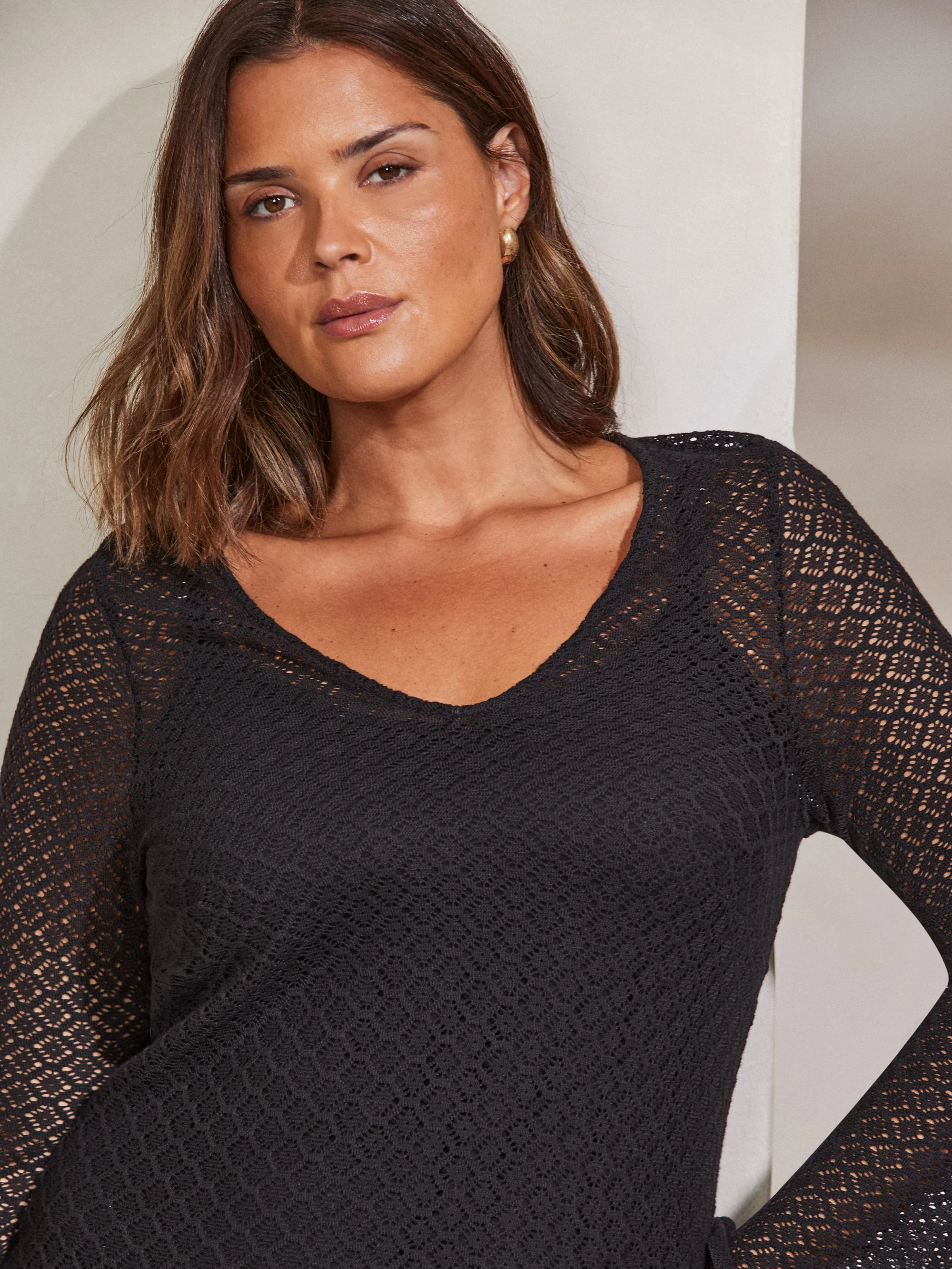 Black Crochet Bell Sleeve Midaxi Dress - Image 3