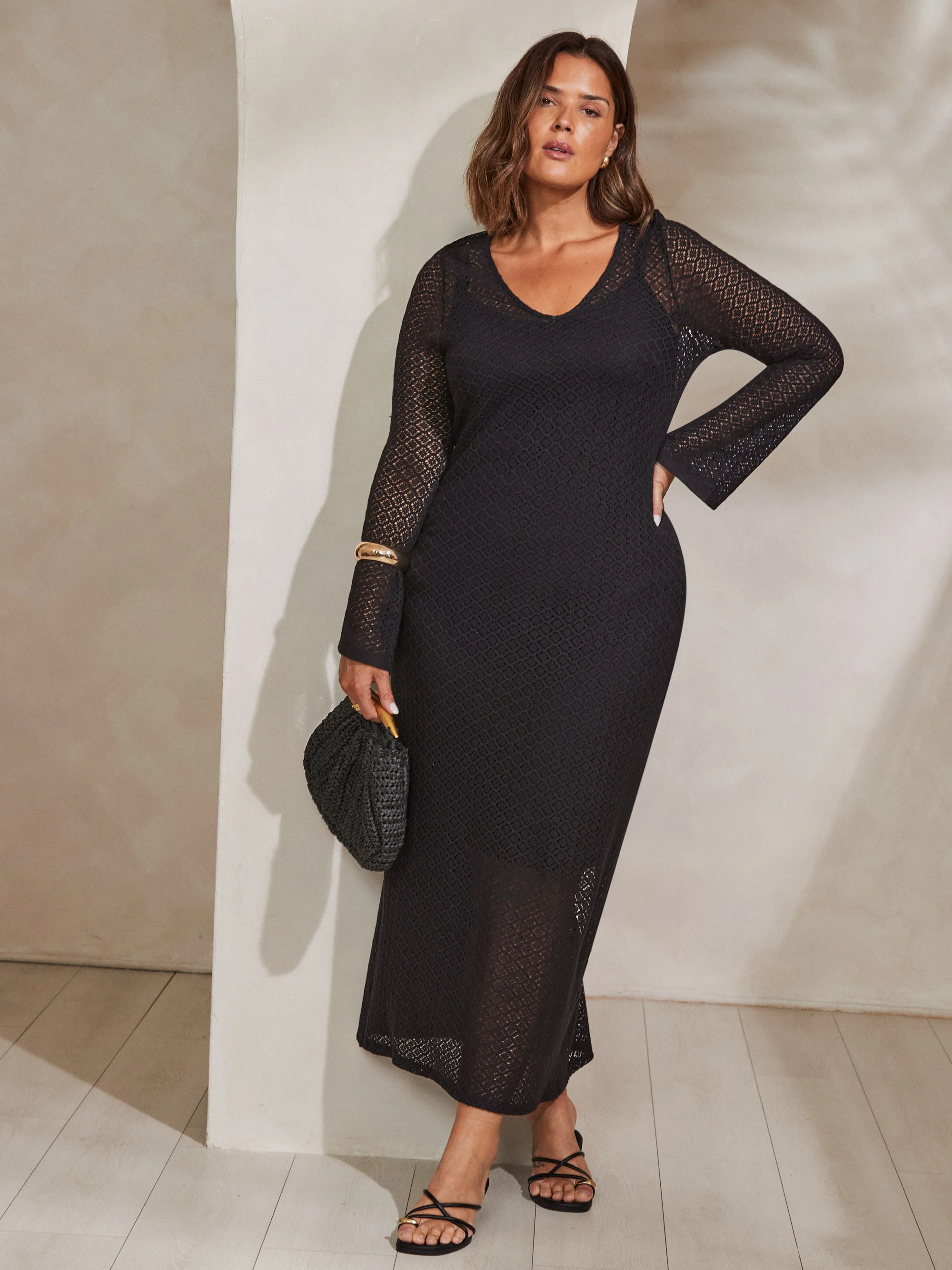 Black Crochet Bell Sleeve Midaxi Dress - Image 5
