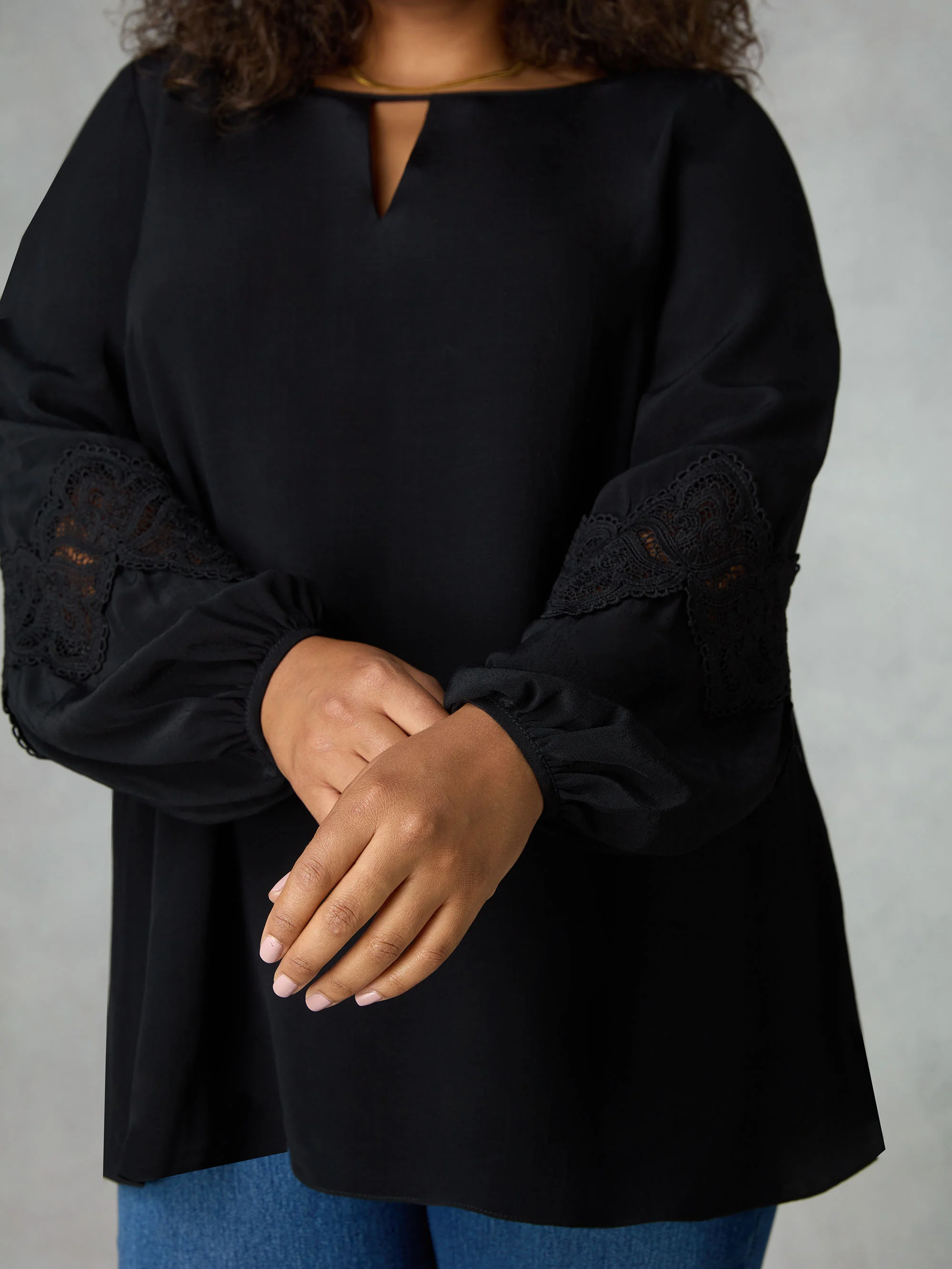 Black Crochet Trim Sleeve Blouse - Image 3