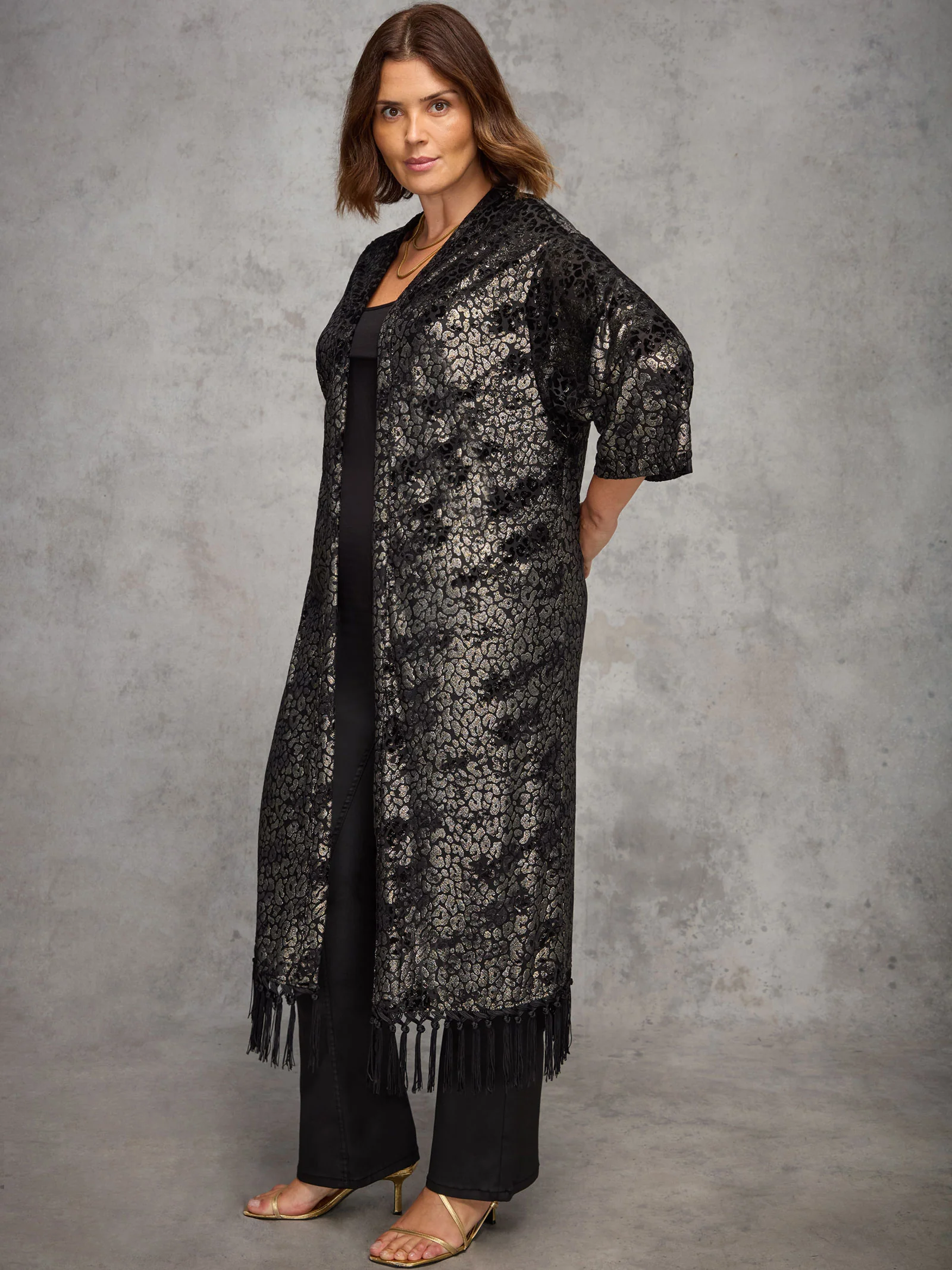 Gold Animal Velvet Burnout Fringe Kimono - Image 2
