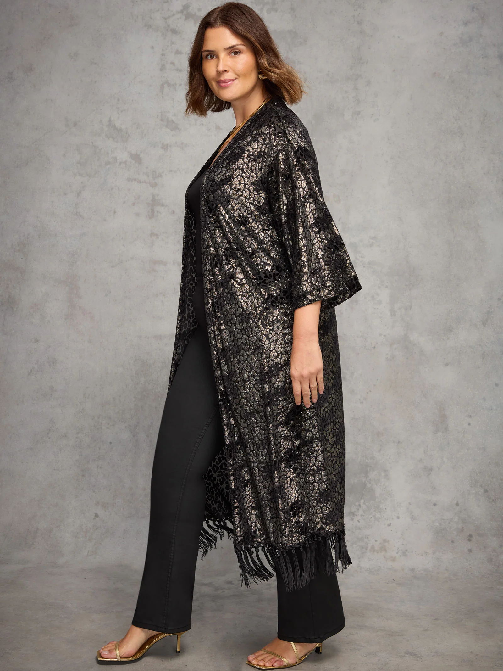 Gold Animal Velvet Burnout Fringe Kimono - Image 3
