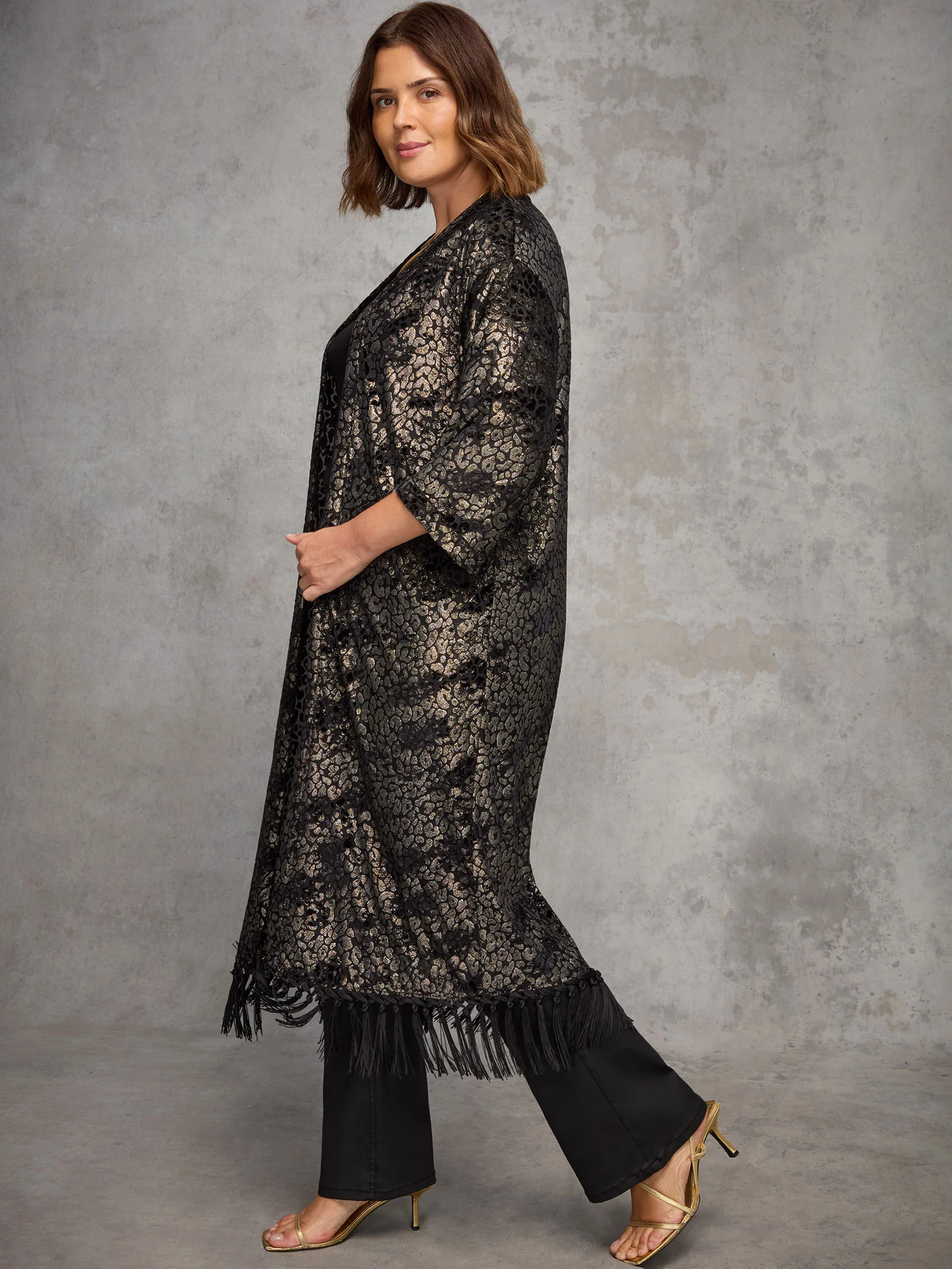 Gold Animal Velvet Burnout Fringe Kimono - Image 4