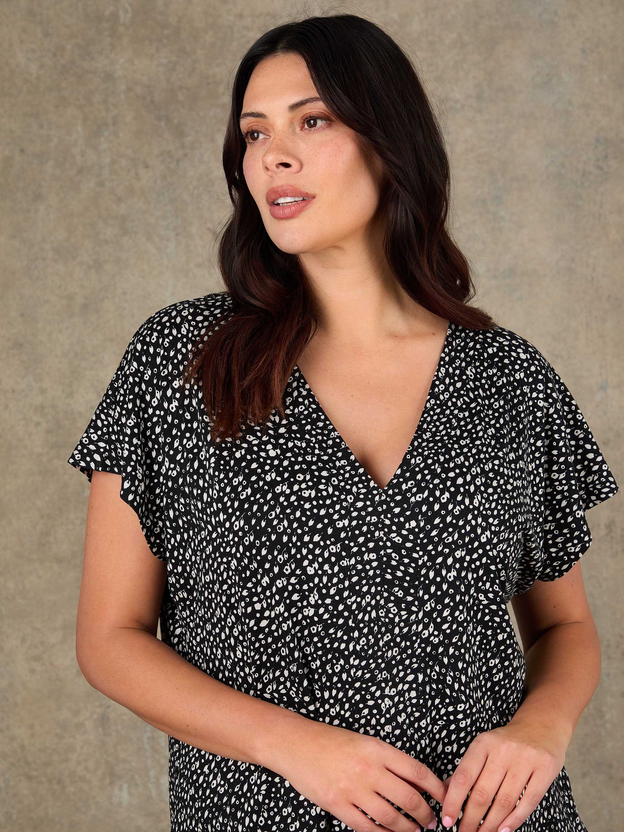 Black Ditsy Print V Neck Top - Image 2