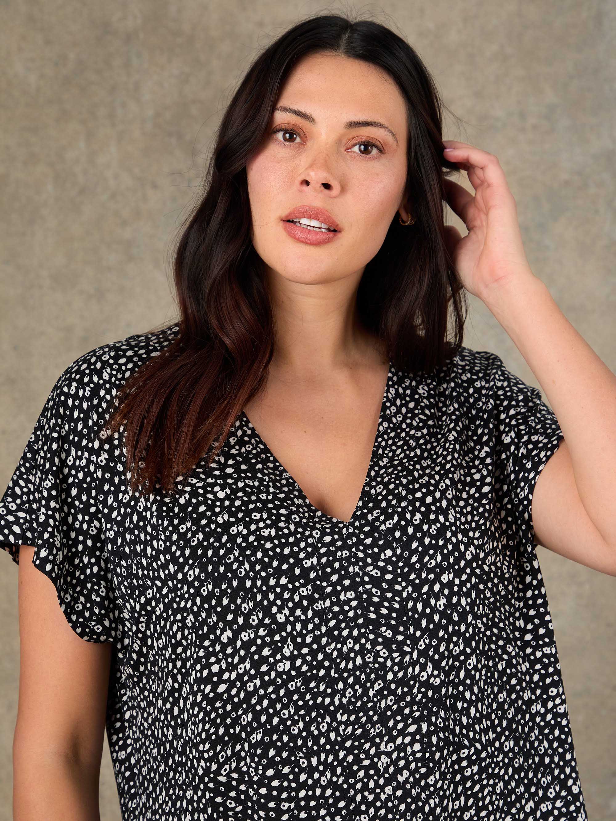 Black Ditsy Print V Neck Top - Image 3
