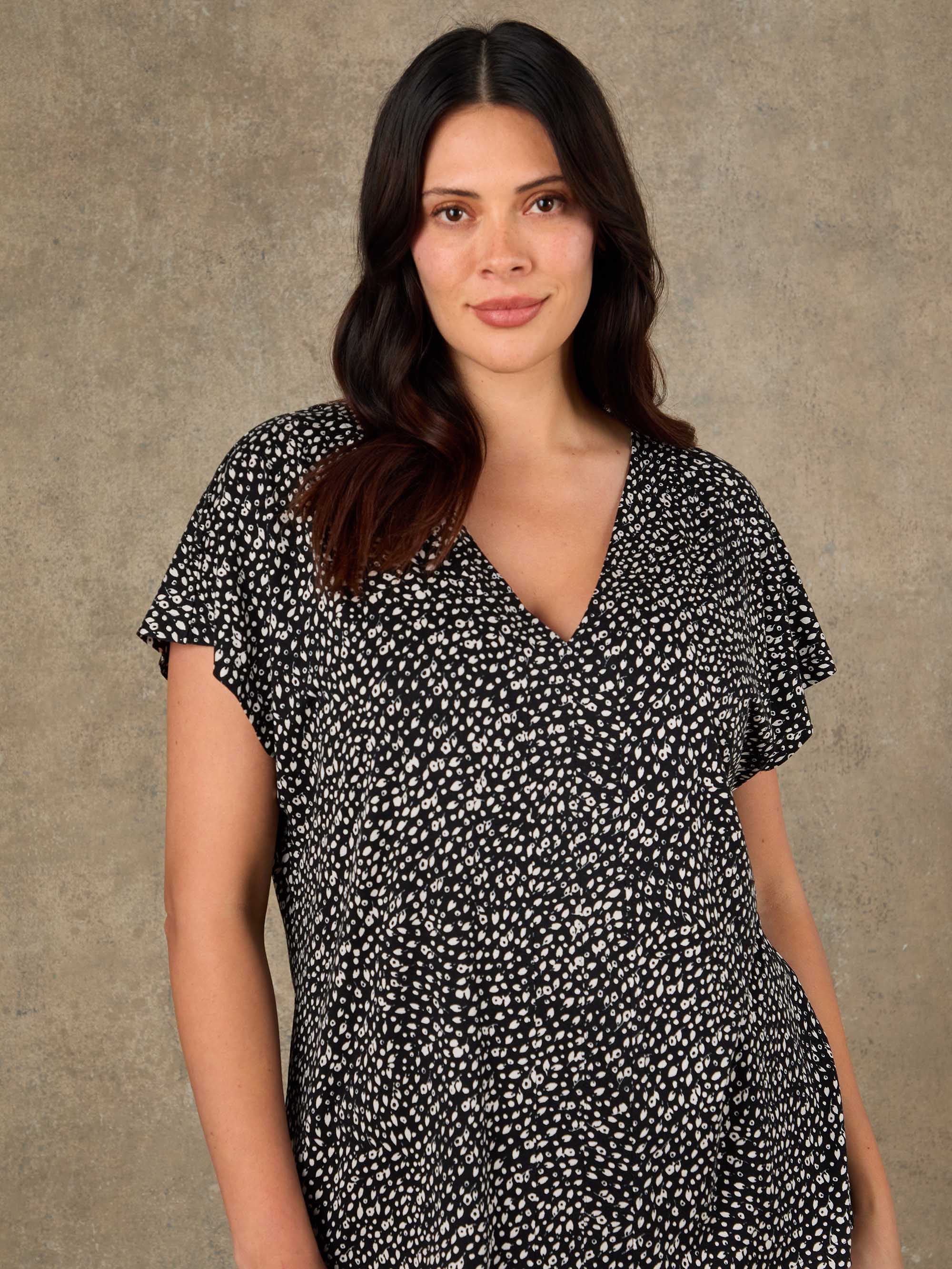 Black Ditsy Print V Neck Top - Image 4