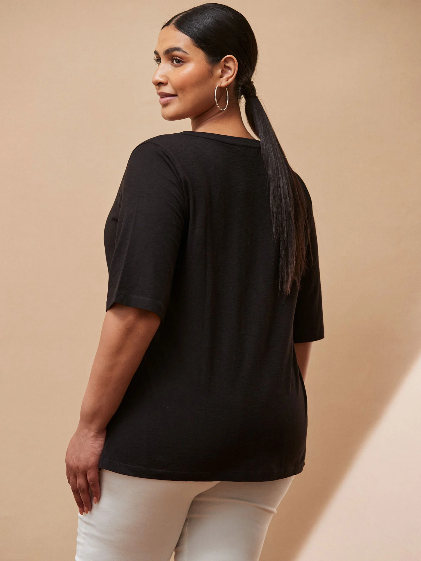 Black Cotton Elbow Length Sleeve T-Shirt - Image 3