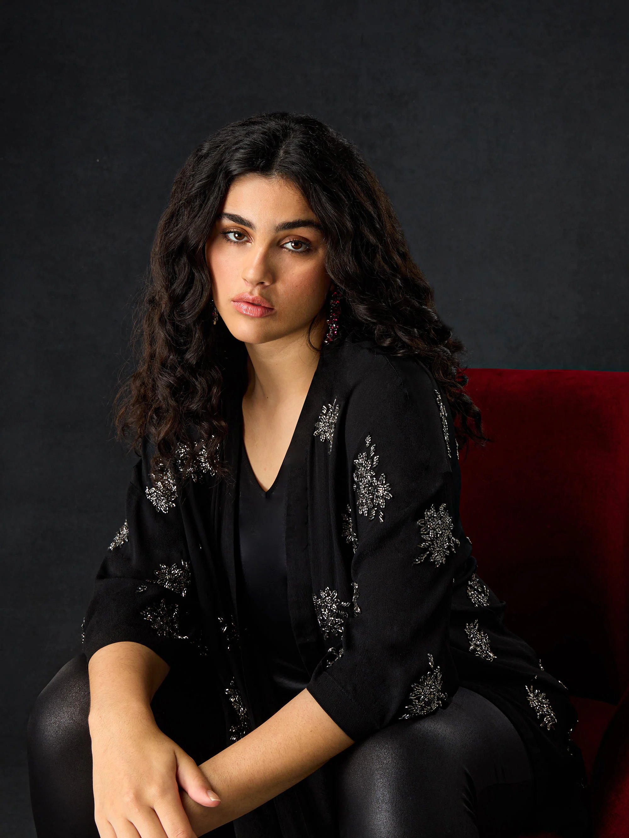 Black Embellished Beaded Edge To Edge Jacket - Image 2