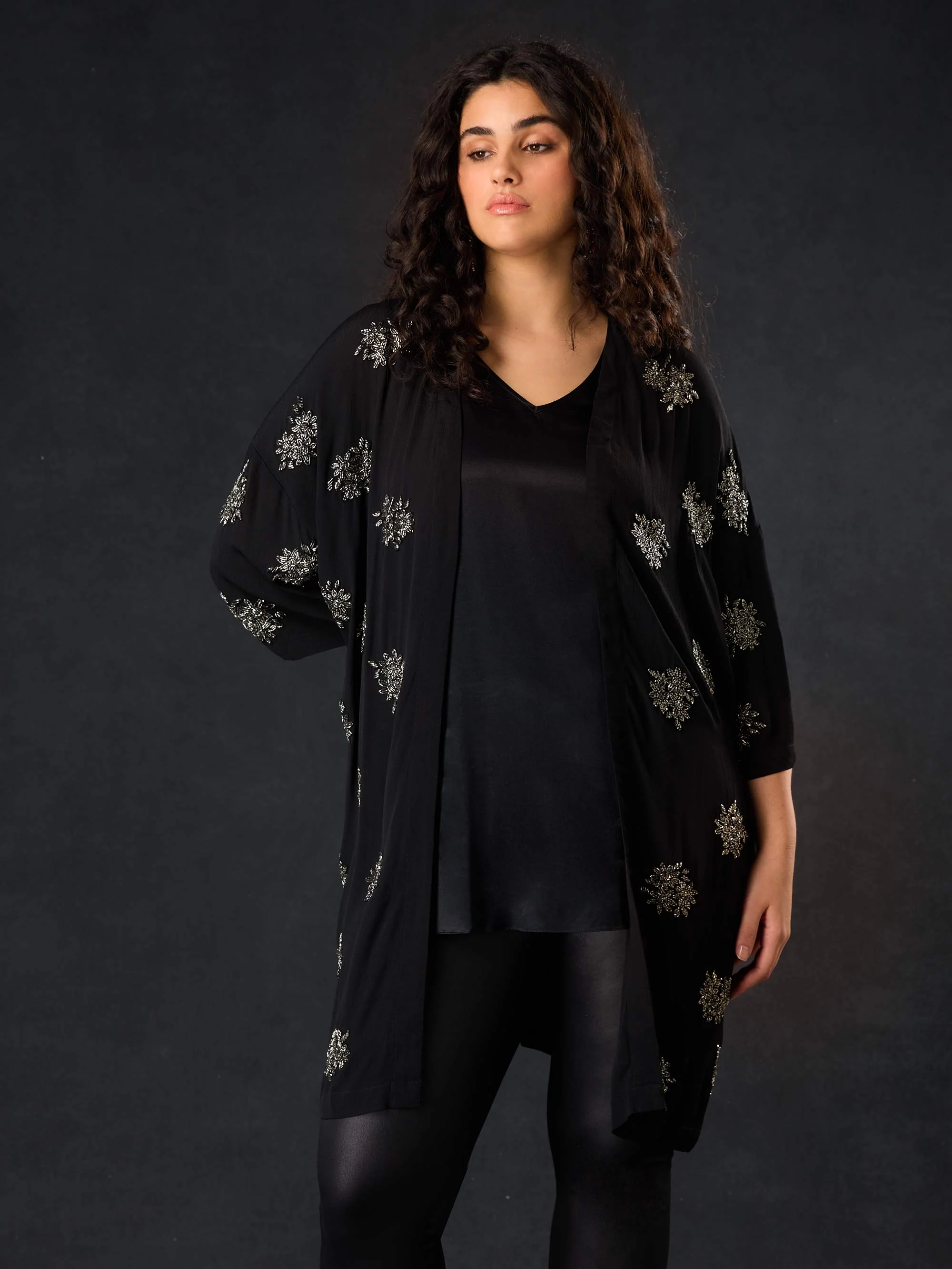 Black Embellished Beaded Edge To Edge Jacket - Image 3