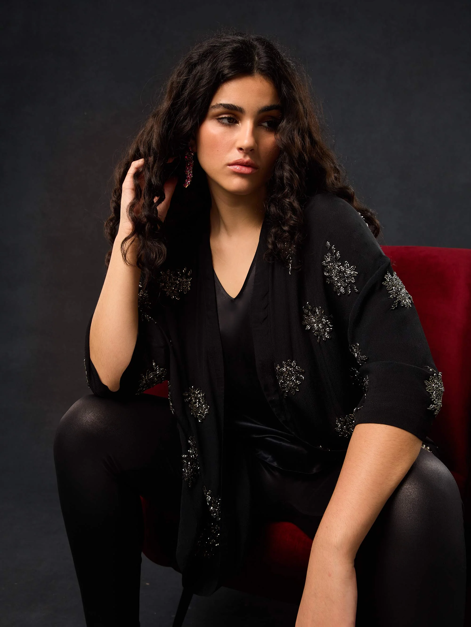 Black Embellished Beaded Edge To Edge Jacket - Image 4