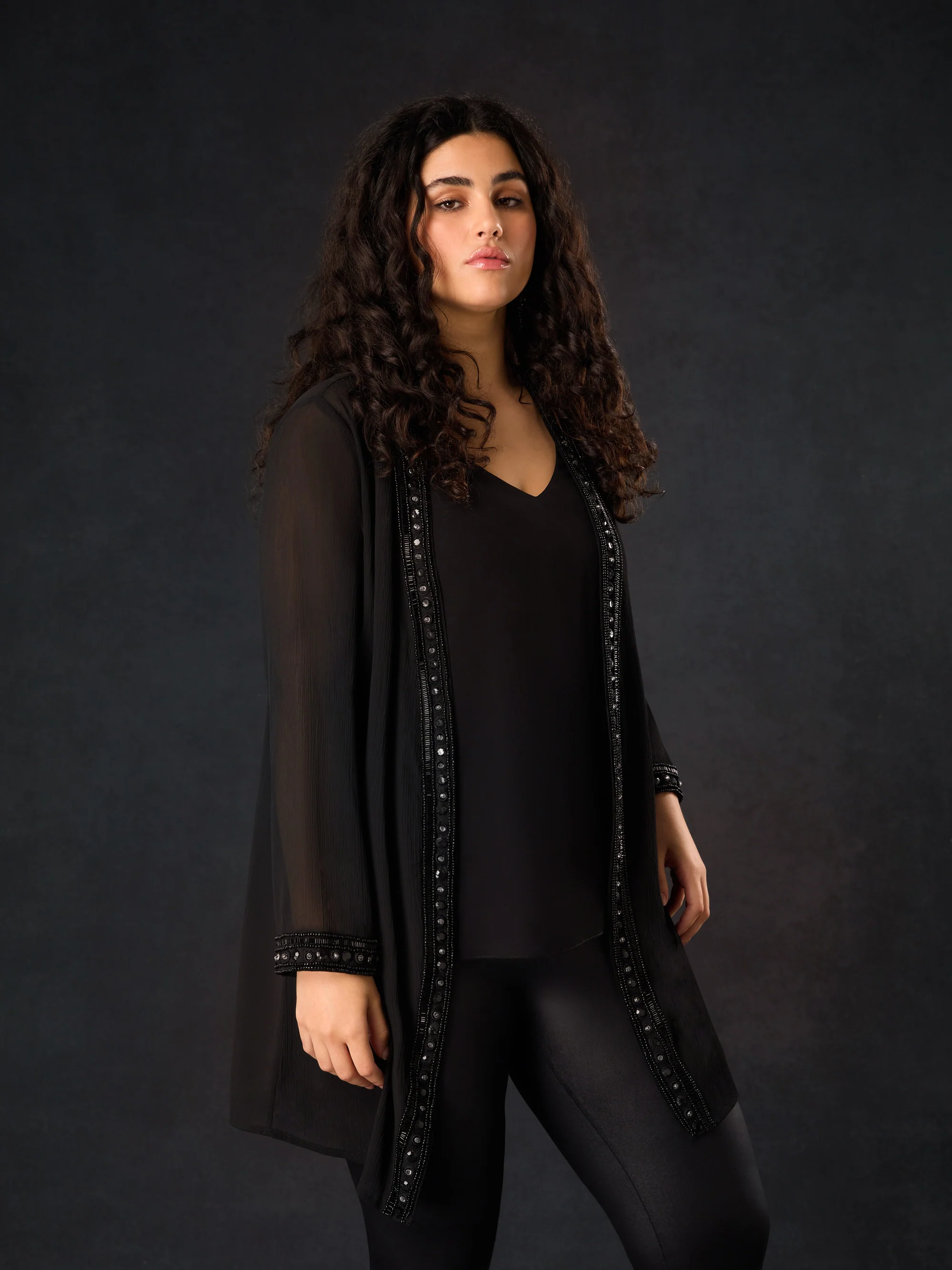 Black Embellished Chiffon Edge to Edge Jacket - Image 2