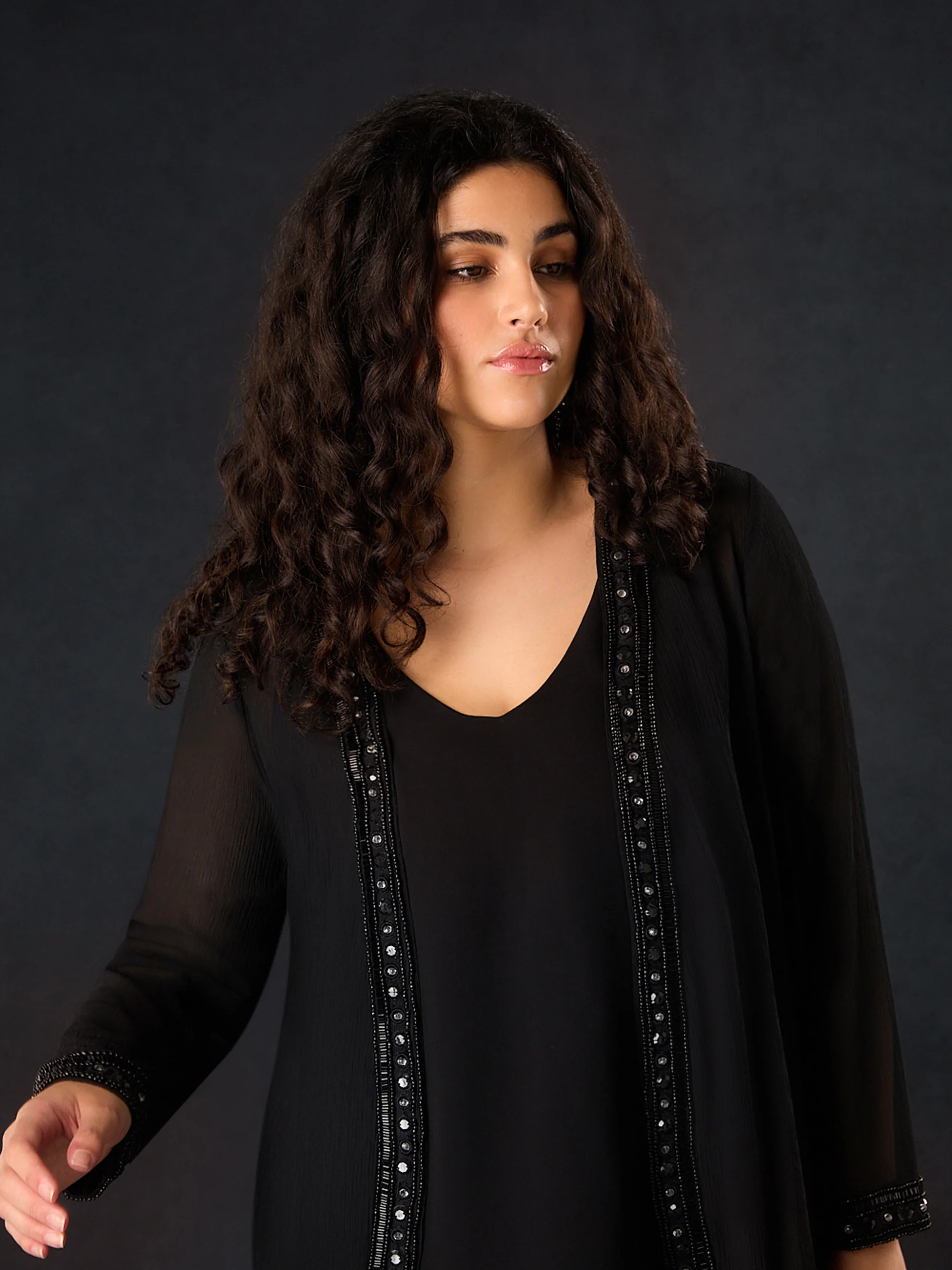 Black Embellished Chiffon Edge to Edge Jacket - Image 3