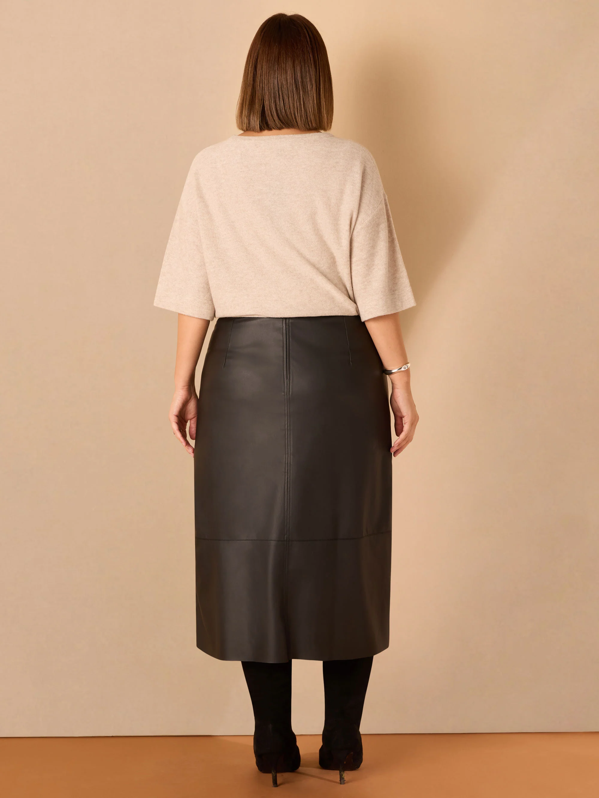 Black Faux Leather Seam Detail Midi Skirt - Image 3