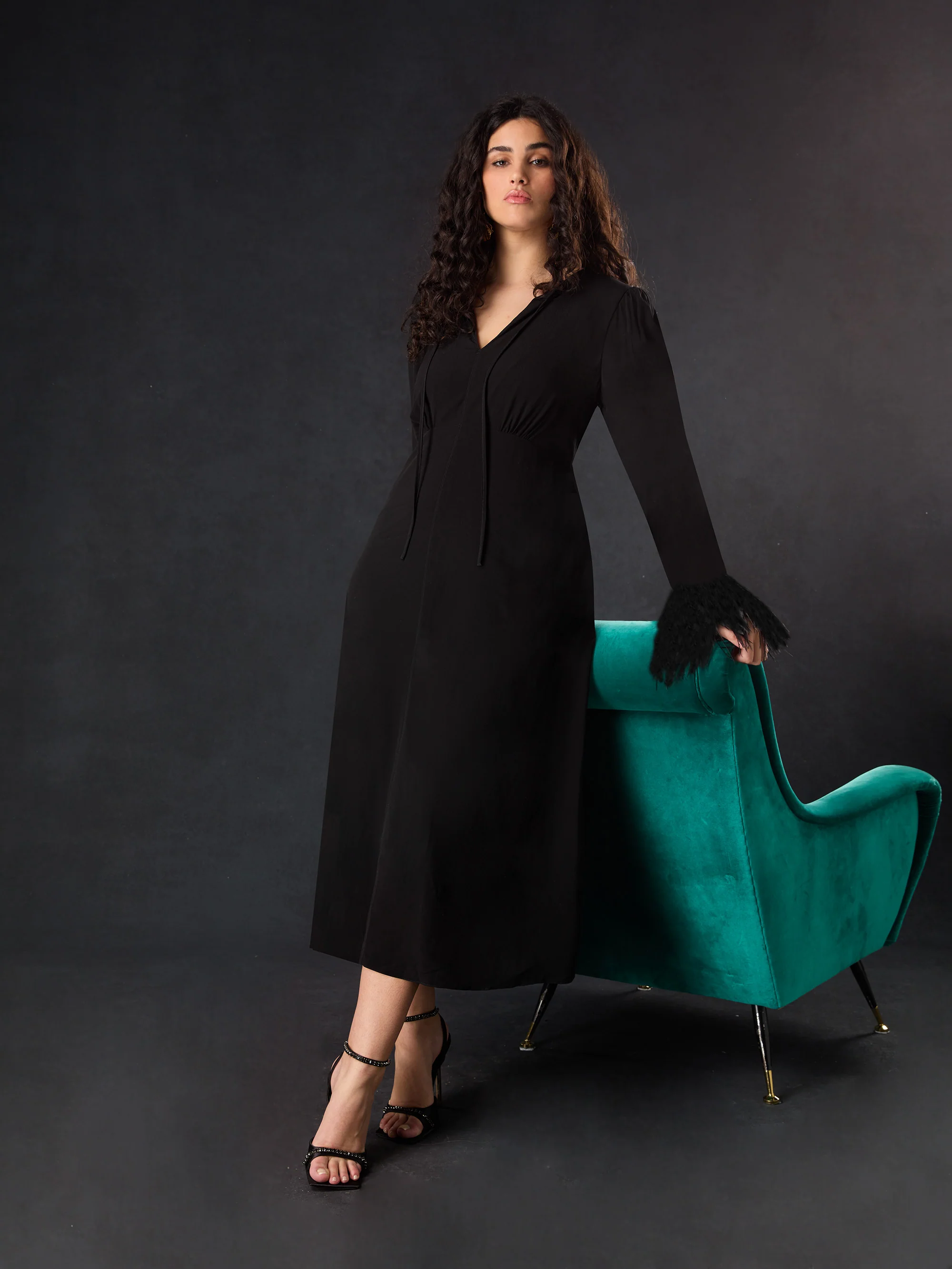 Black Feather Trim Dress - Image 3