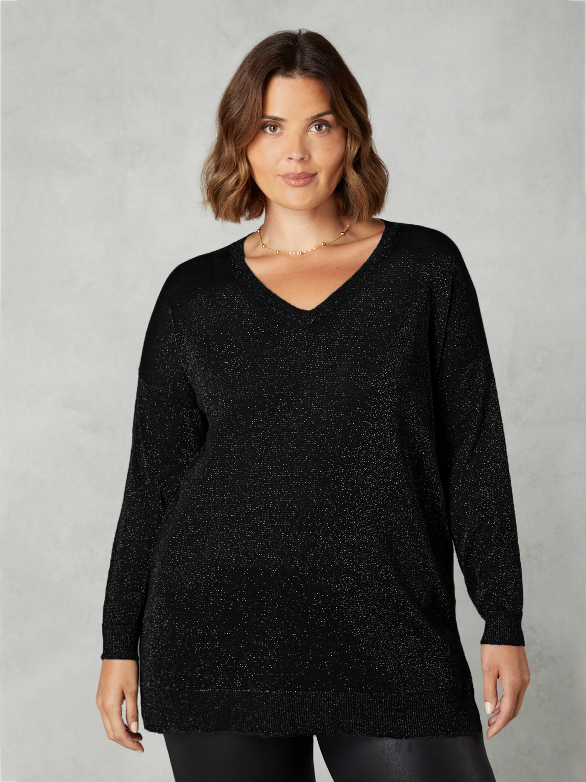 Black Fine Knit Sparkle V-Neck Jumper - Image 2