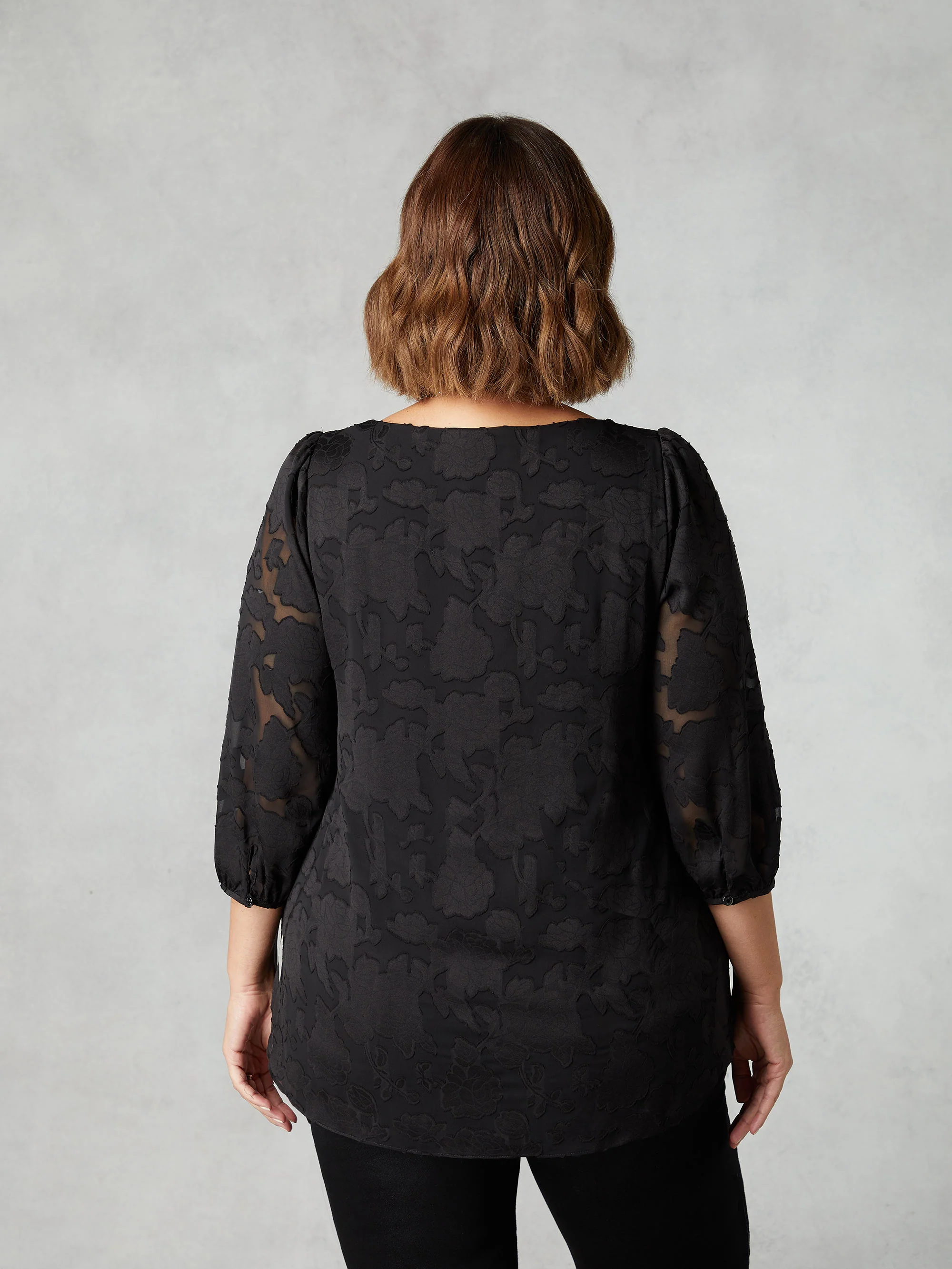 Black Floral Burnout V-Neck Blouse - Image 3