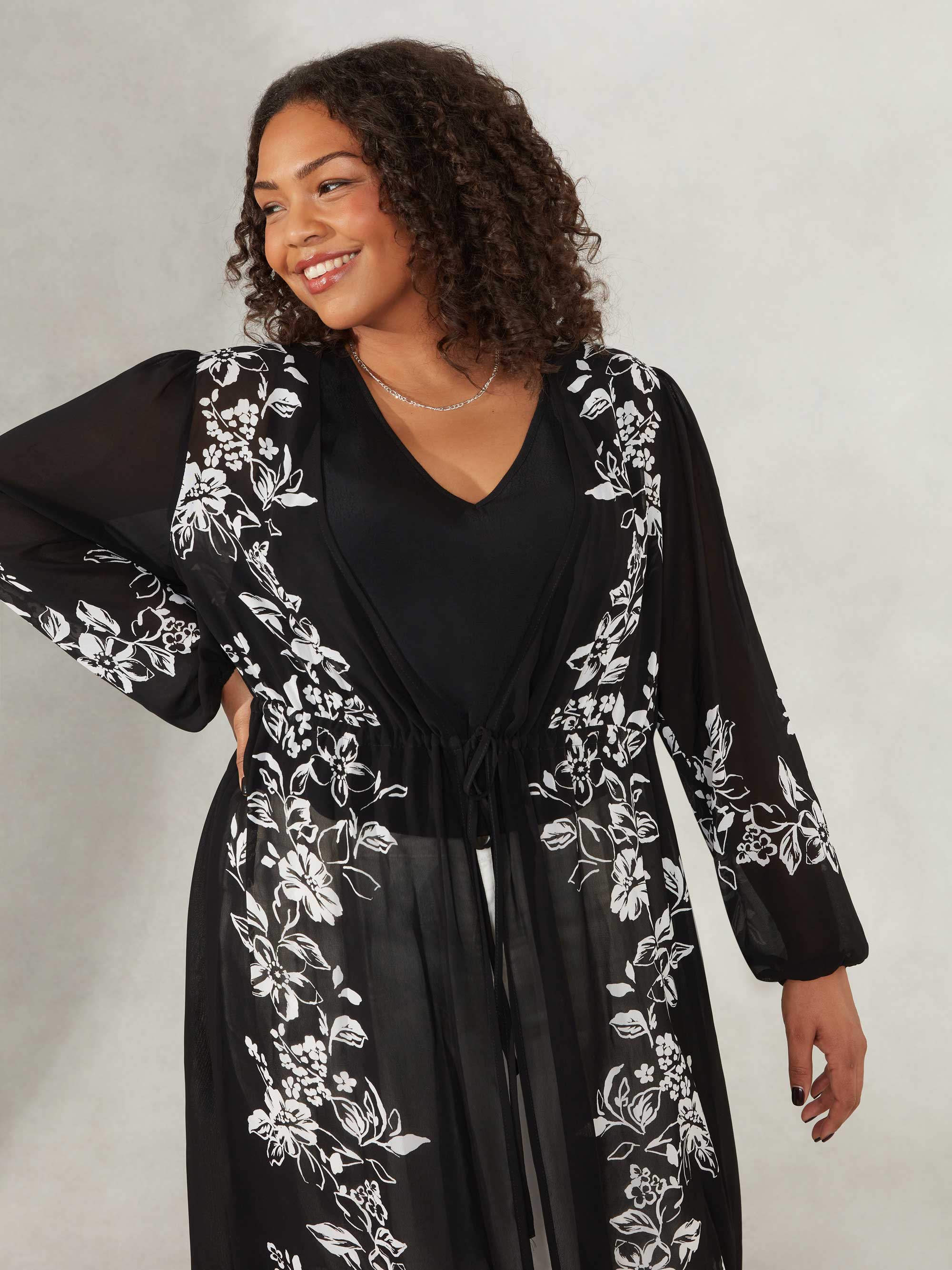 Black Floral Placement Print Longline Kimono - Image 3