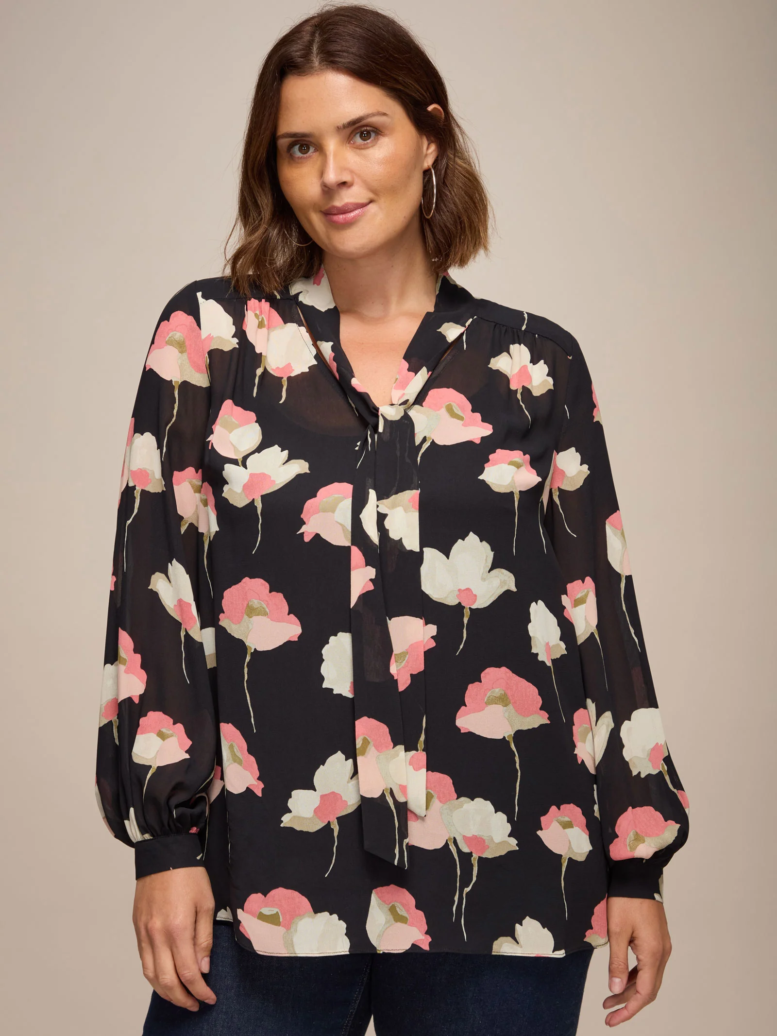 Black Floral Print Tie Neck Blouse - Image 3