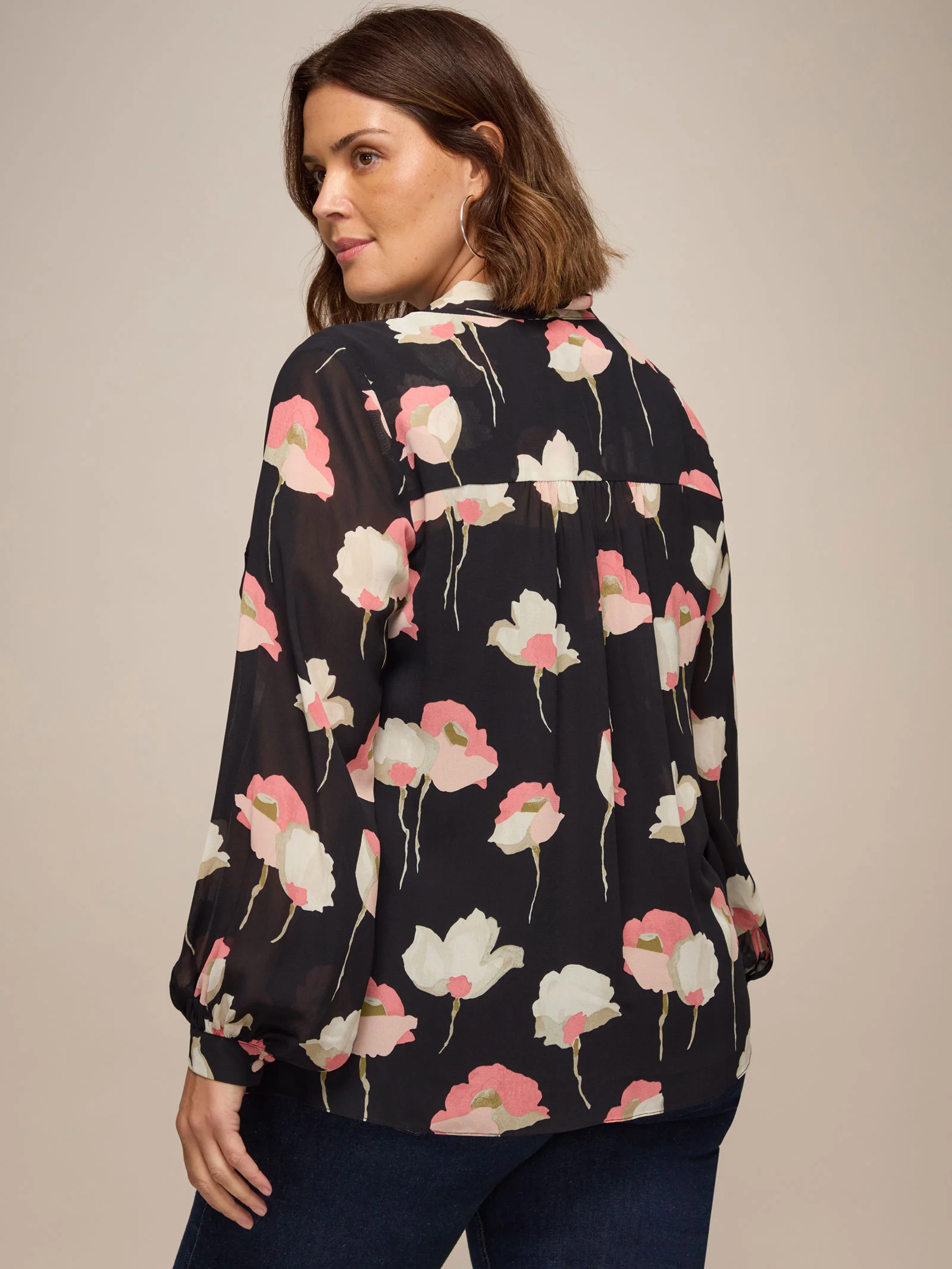 Black Floral Print Tie Neck Blouse - Image 4