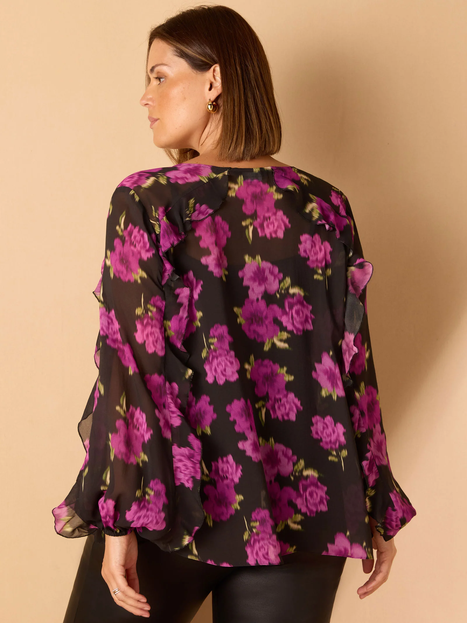 Purple Floral Print V Neck Ruffle Blouse - Image 8