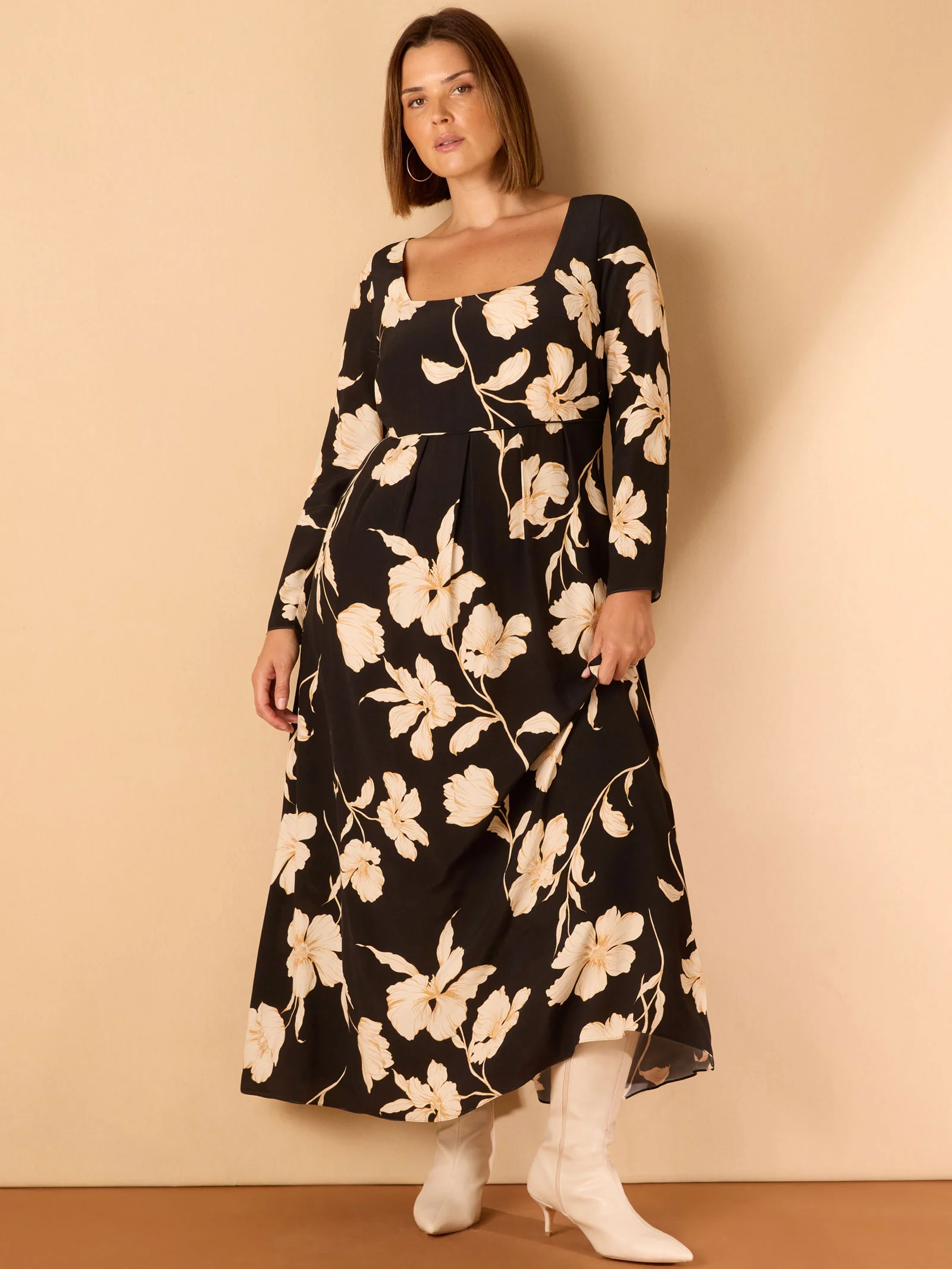 Black Floral Square Neck Midaxi Dress - Image 7