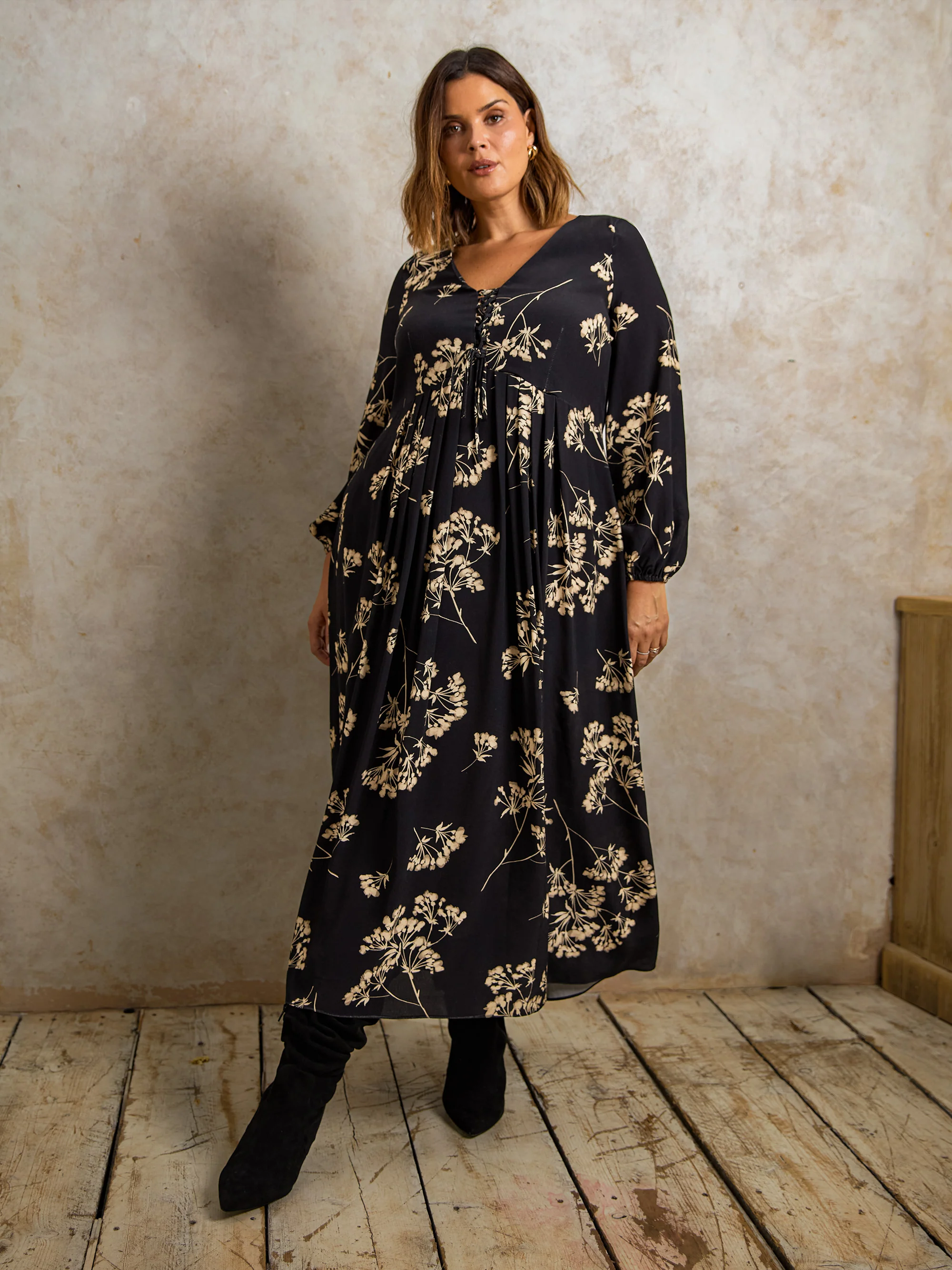 Black Floral Tie Front Midi Dress - Image 10