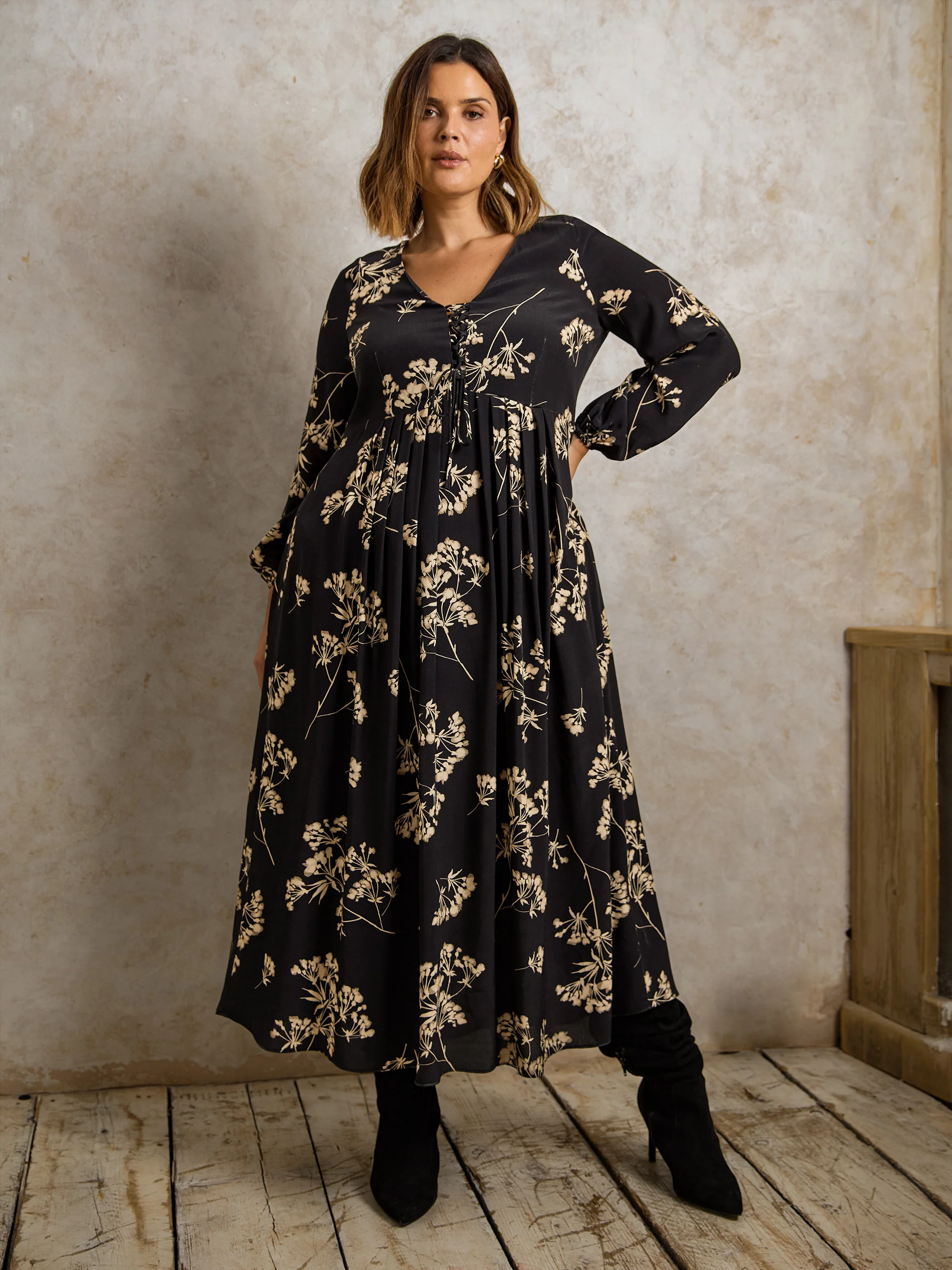 Black Floral Tie Front Midi Dress - Image 9