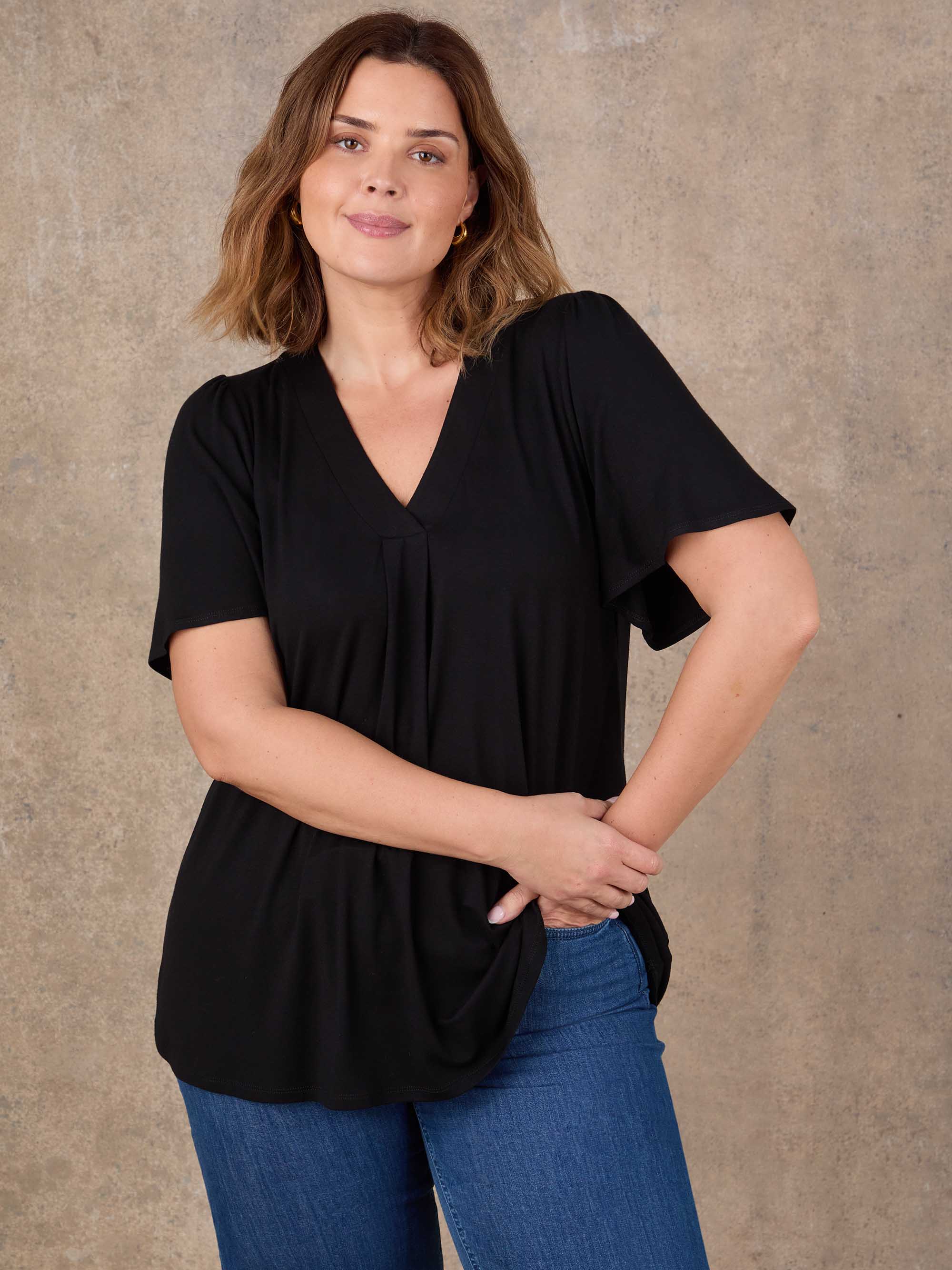 Black Flutter Sleeve Pleat Front Top - Image 2