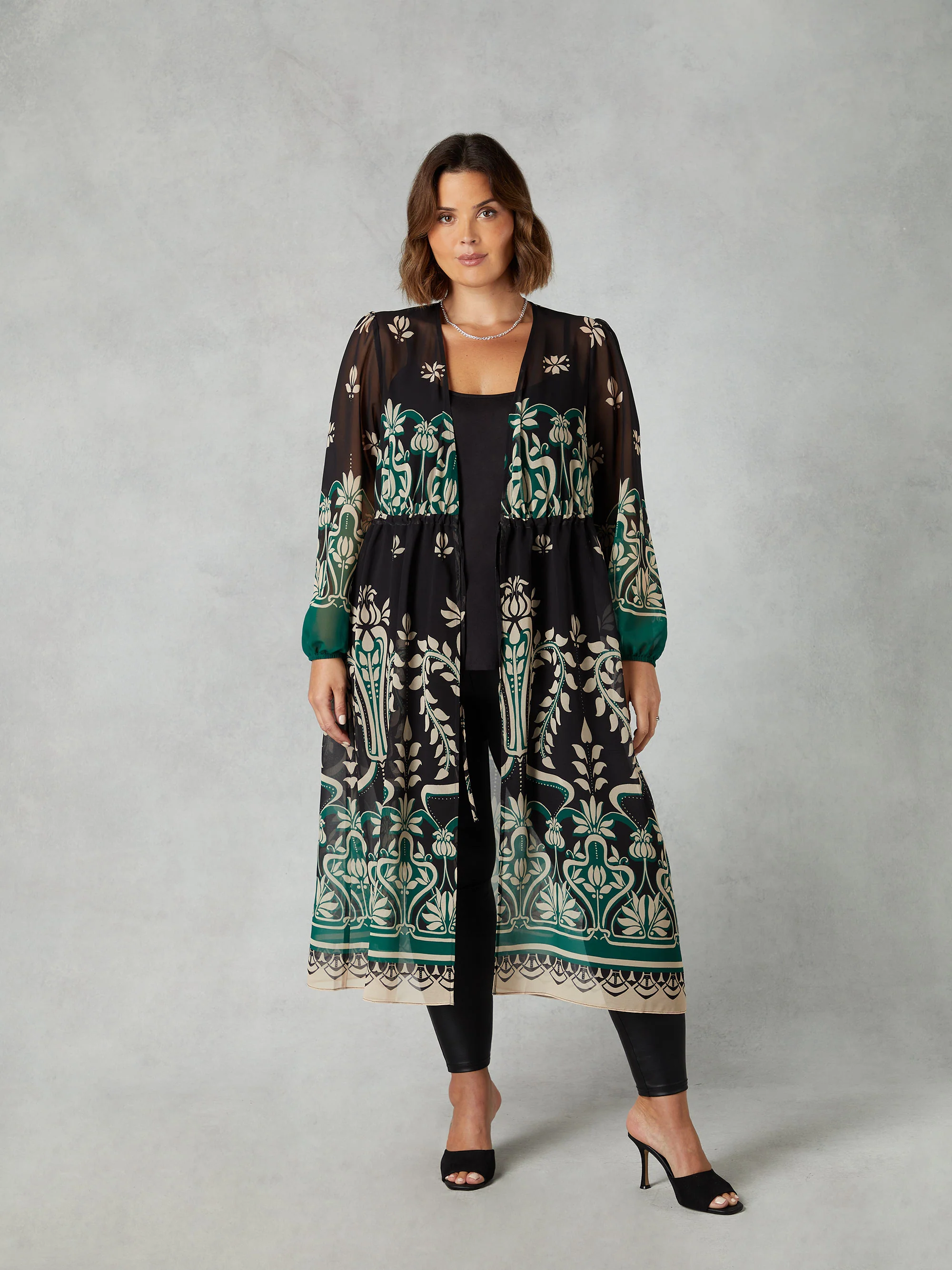 Black & Green Placement Print Longline Kimono - Image 2