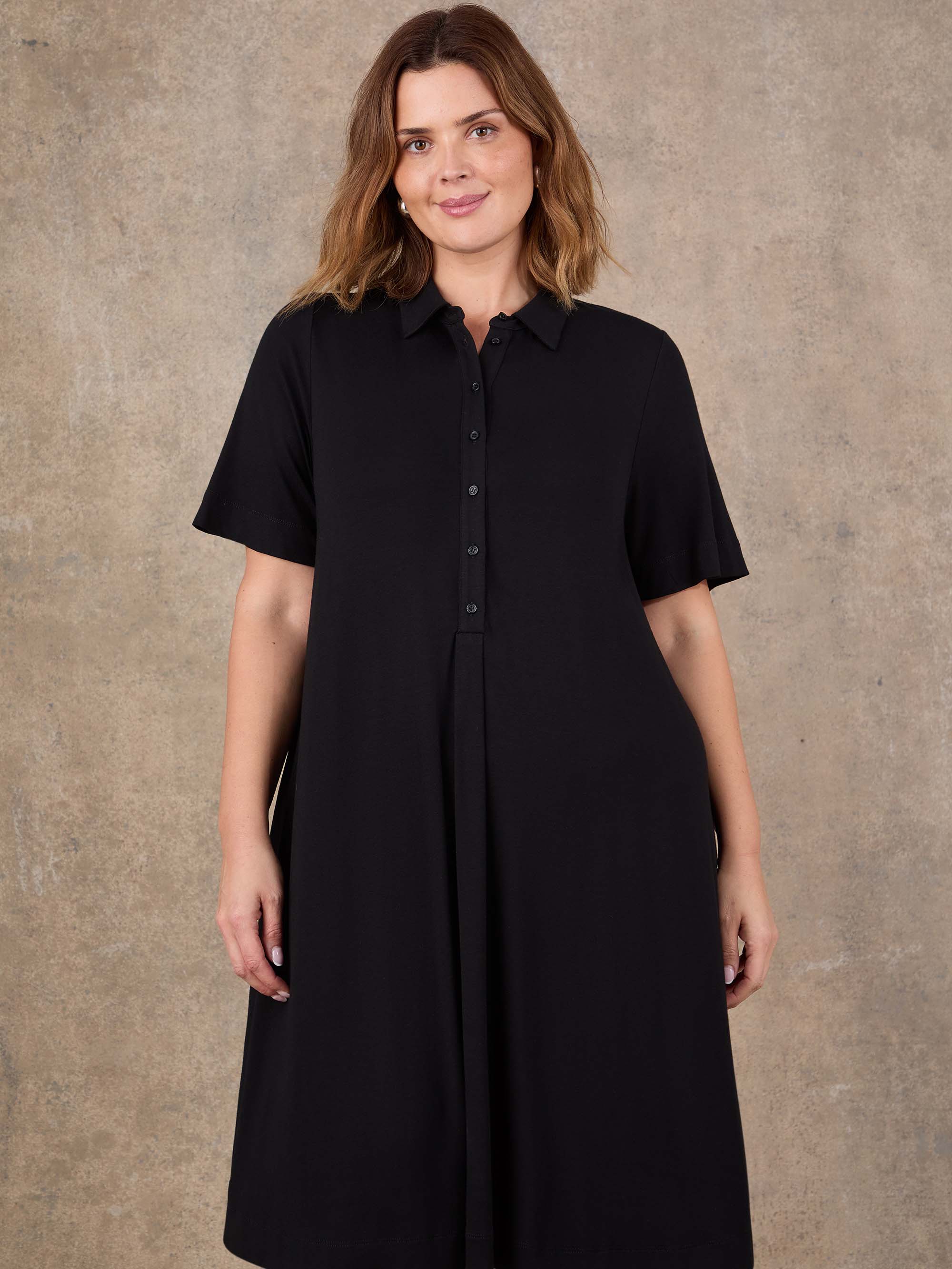 Black Half Placket Jersey Midi Shirt Dress - Image 3