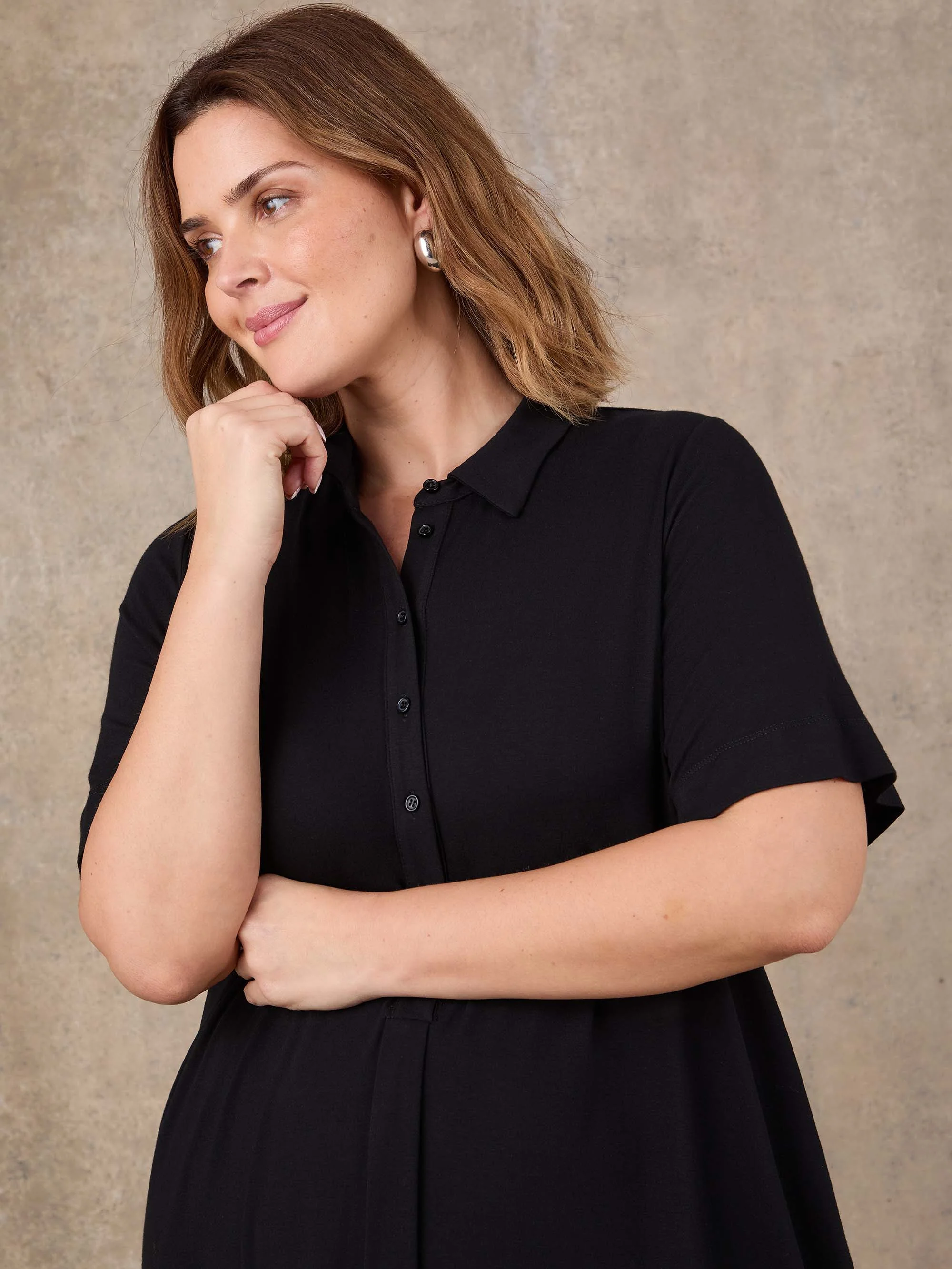 Black Half Placket Jersey Midi Shirt Dress - Image 4