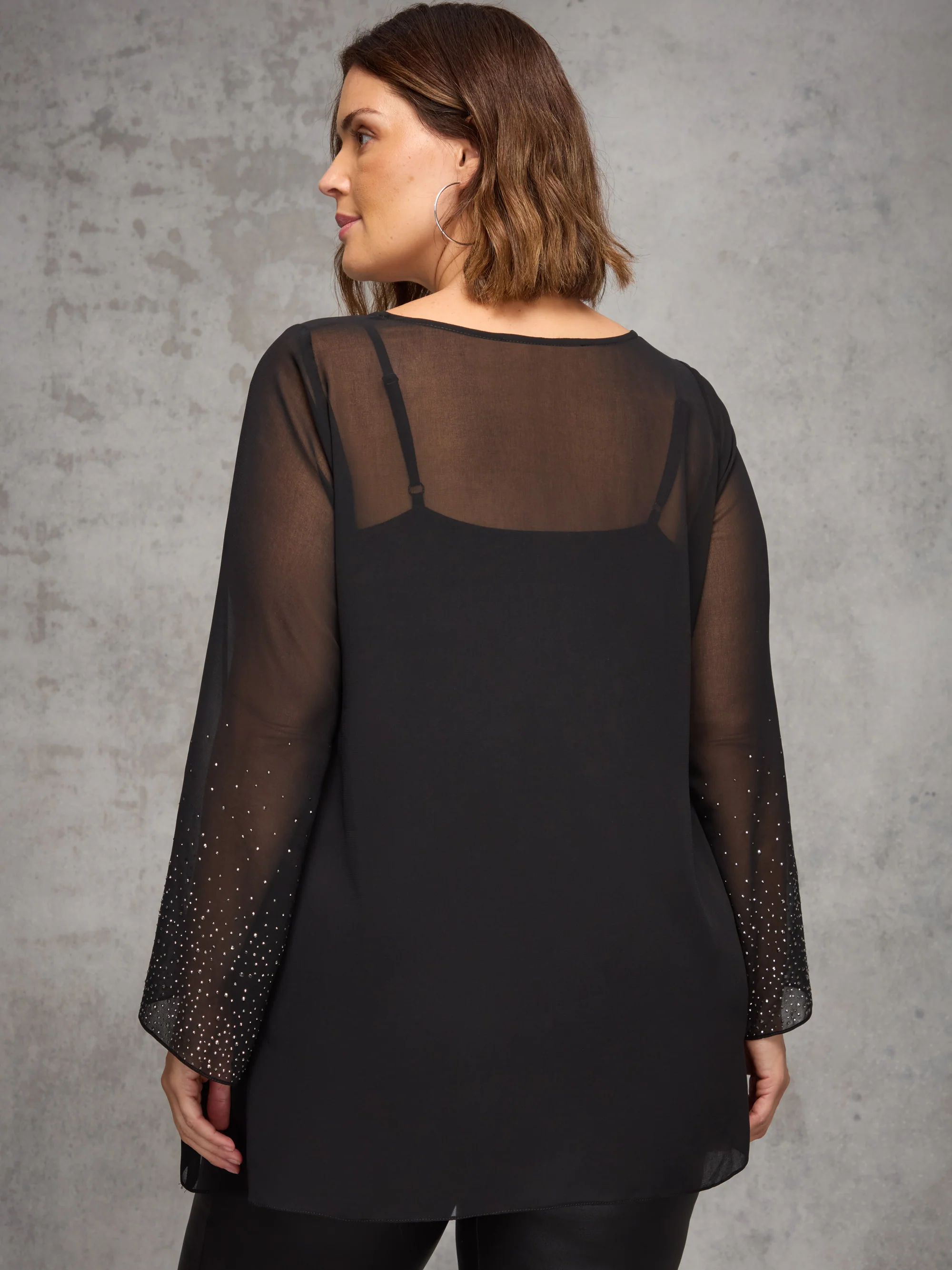 Black Sheer Embellished Sleeve Layered Tunic - Image 3