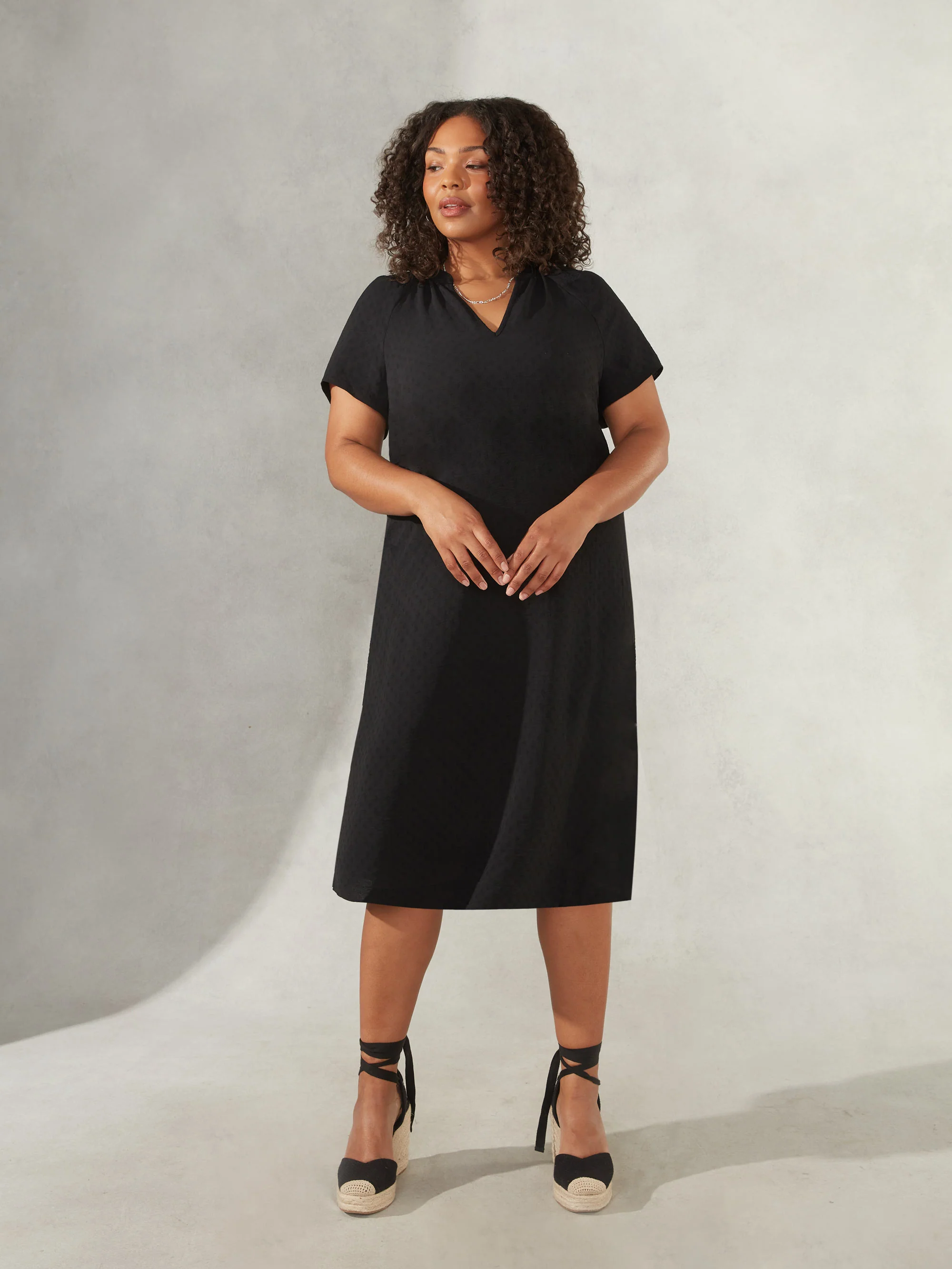 Black Jacquard Shirred Shoulder Dress - Image 2