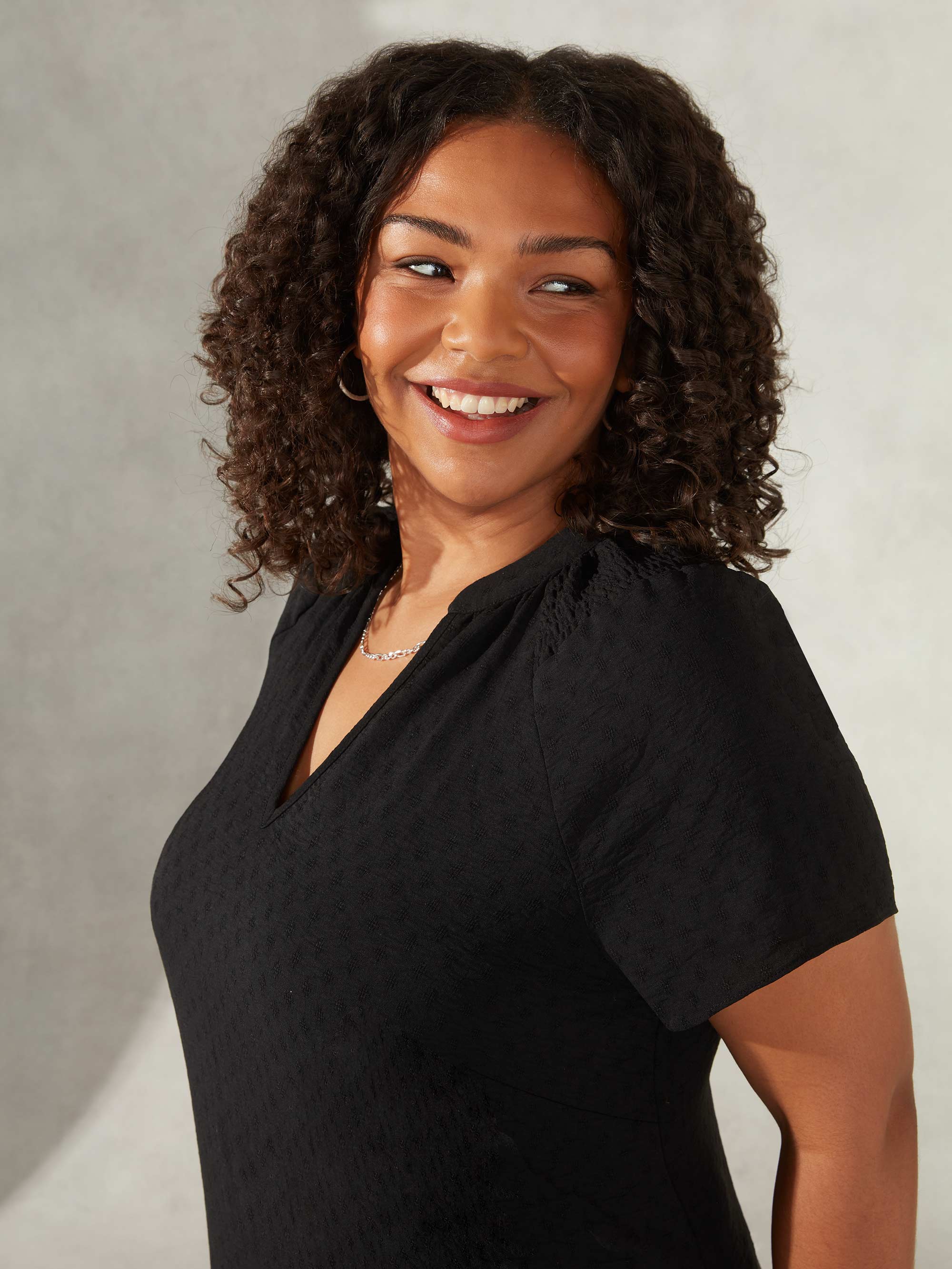 Black Jacquard Shirred Shoulder Dress - Image 3