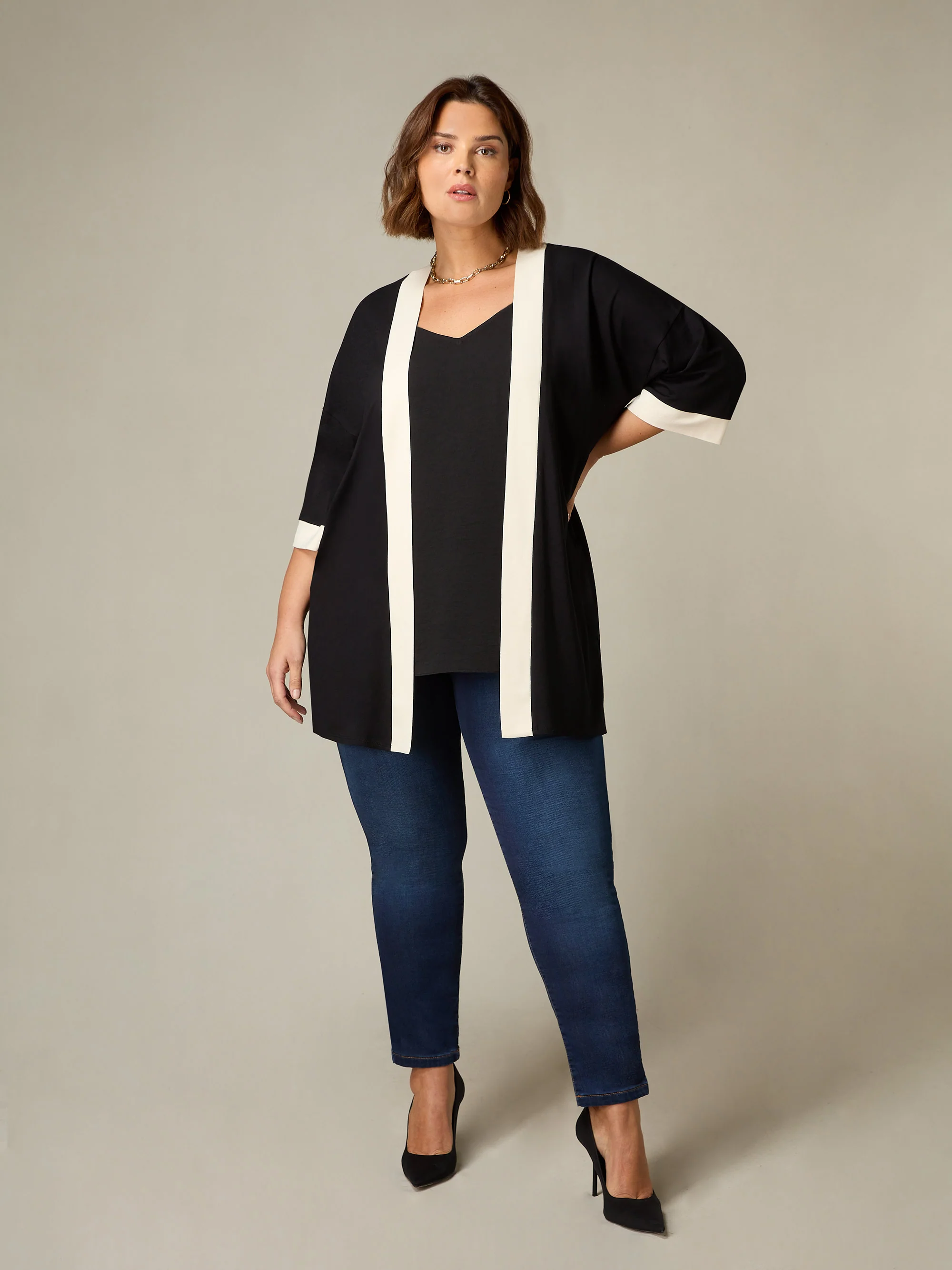Black Jersey Contrast Band Kimono