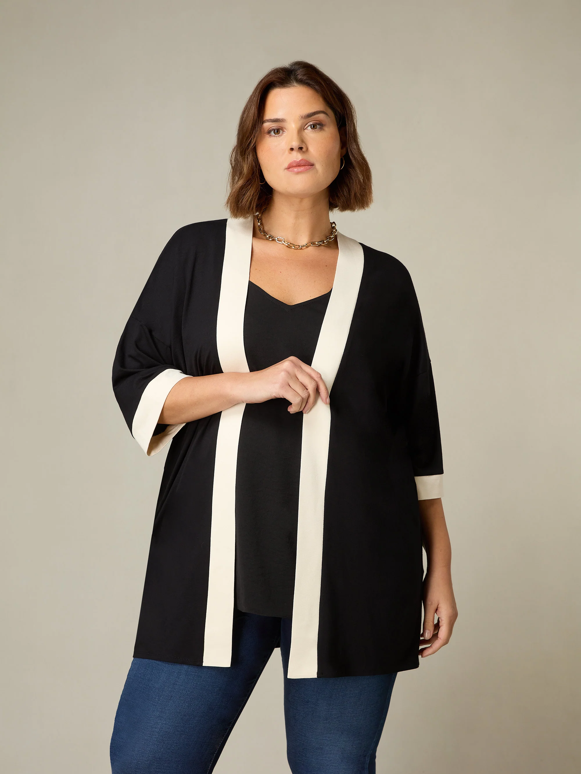 Black Jersey Contrast Band Kimono - Image 2