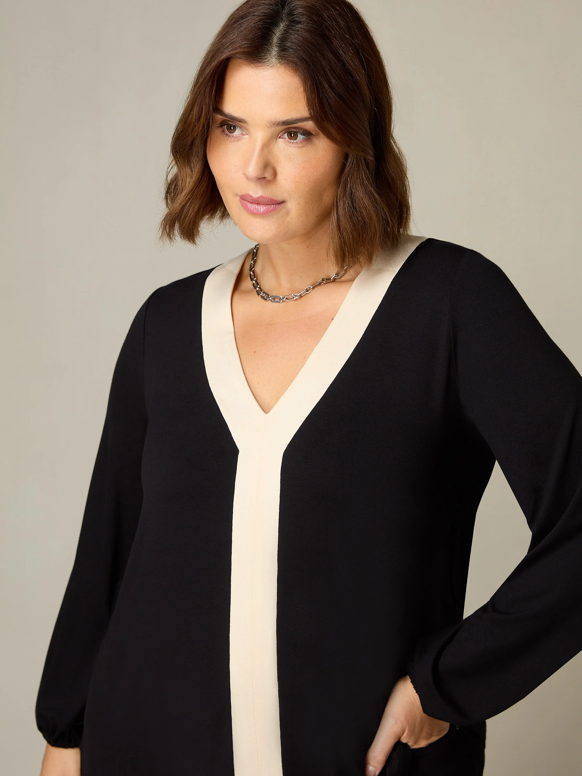 Black Jersey Contrast Placket Top