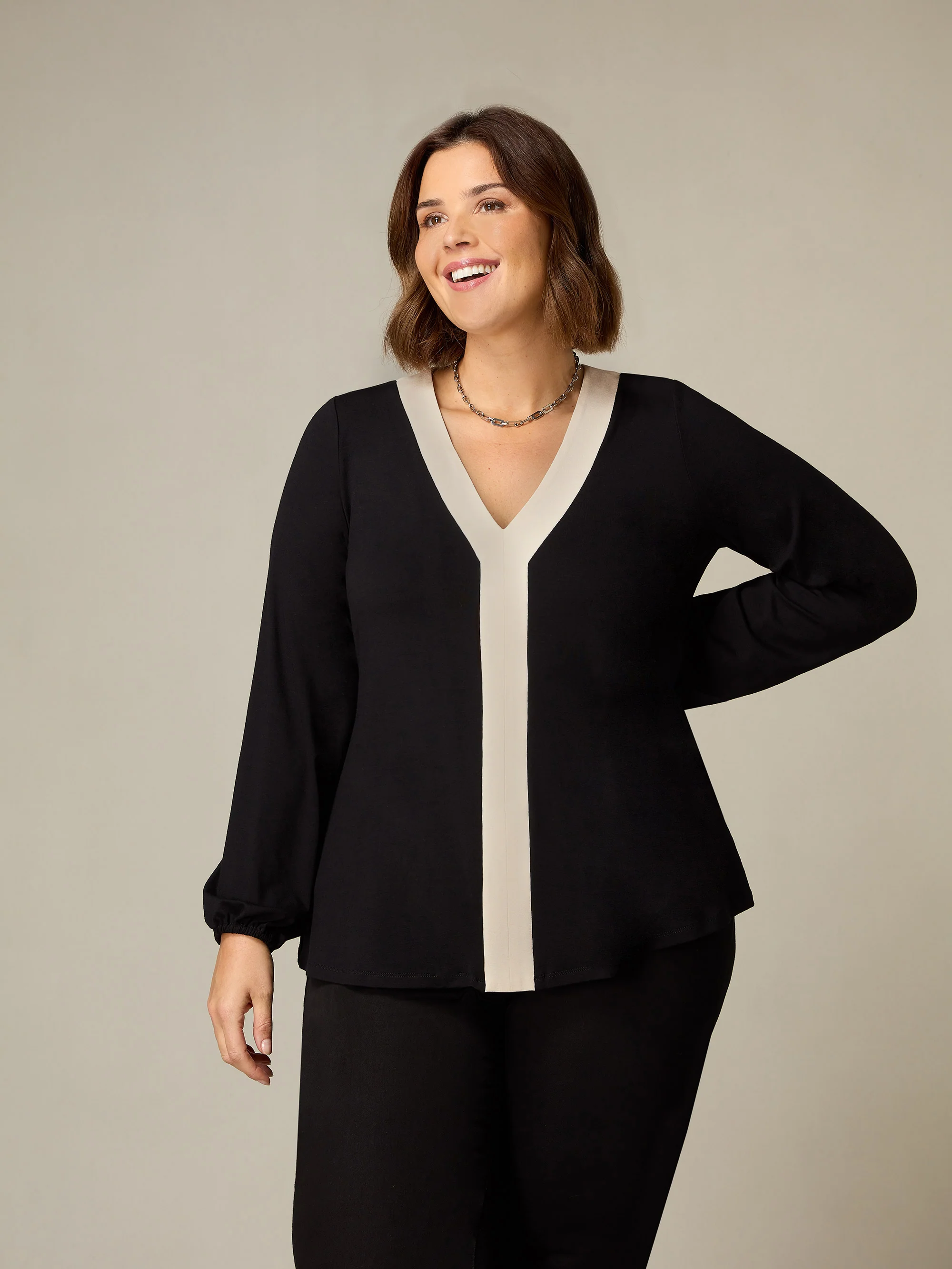 Black Jersey Contrast Placket Top - Image 2